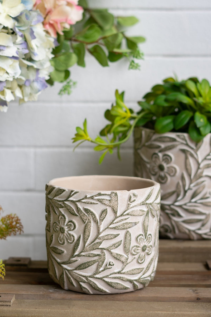 Set of 2 Garden Pots & Planters with Etched Floral Motif - Green & Gray, photo 10 of 10