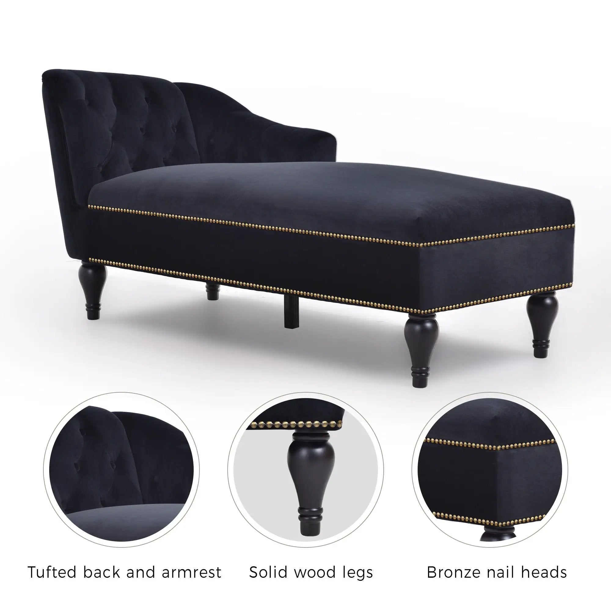 Velvet Chaise Lounge, Button Tufted Right Arm Facing Lounge Chair With Nailhead Trim For Living Room - Black by HouseOfZazla