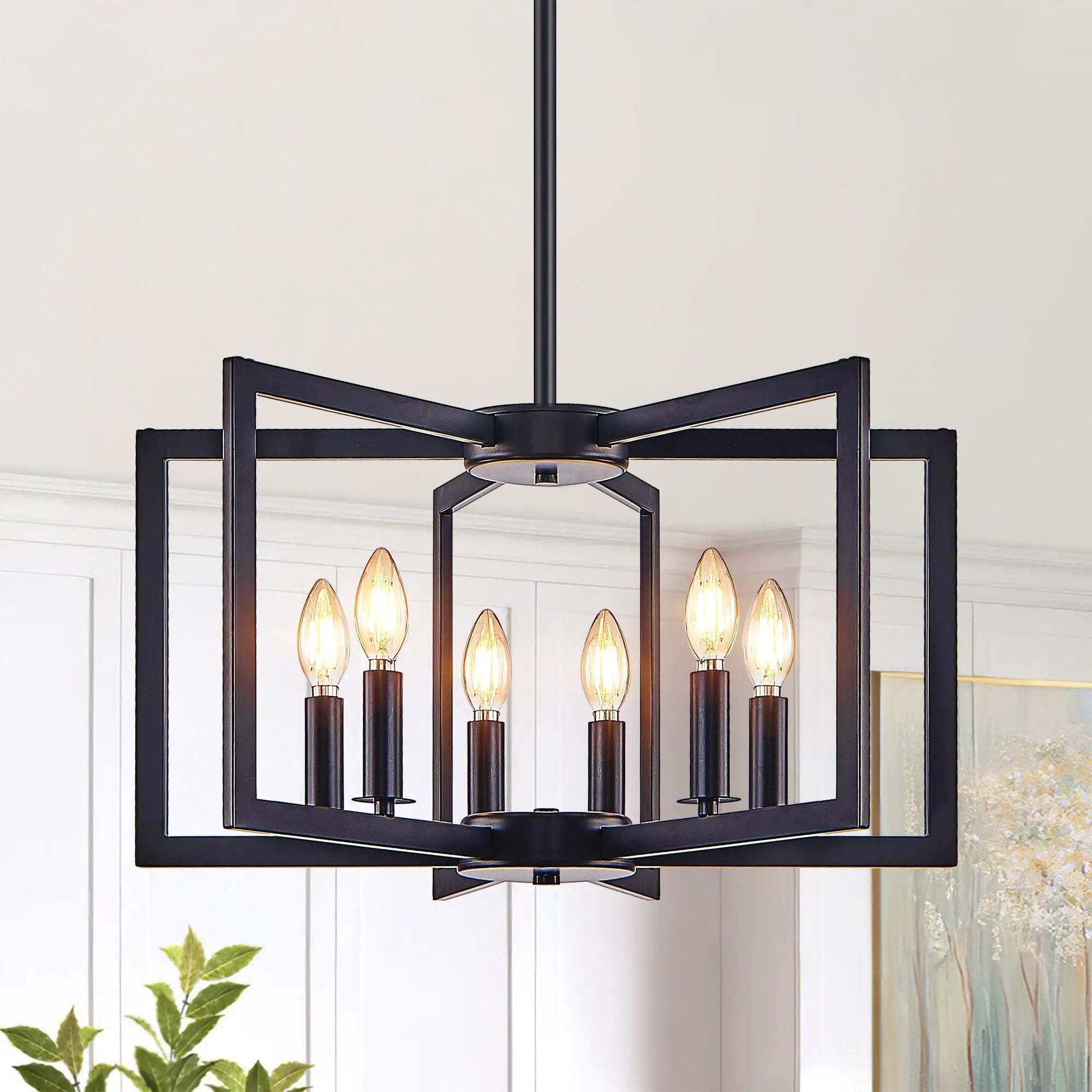 22' Modern Black Geometric 6-Light Chandelier – Industrial Metal Pendant Light Fixture for Living Room, Dining Room, or Kitchen (Bulb Not Included) by HouseOfZazla