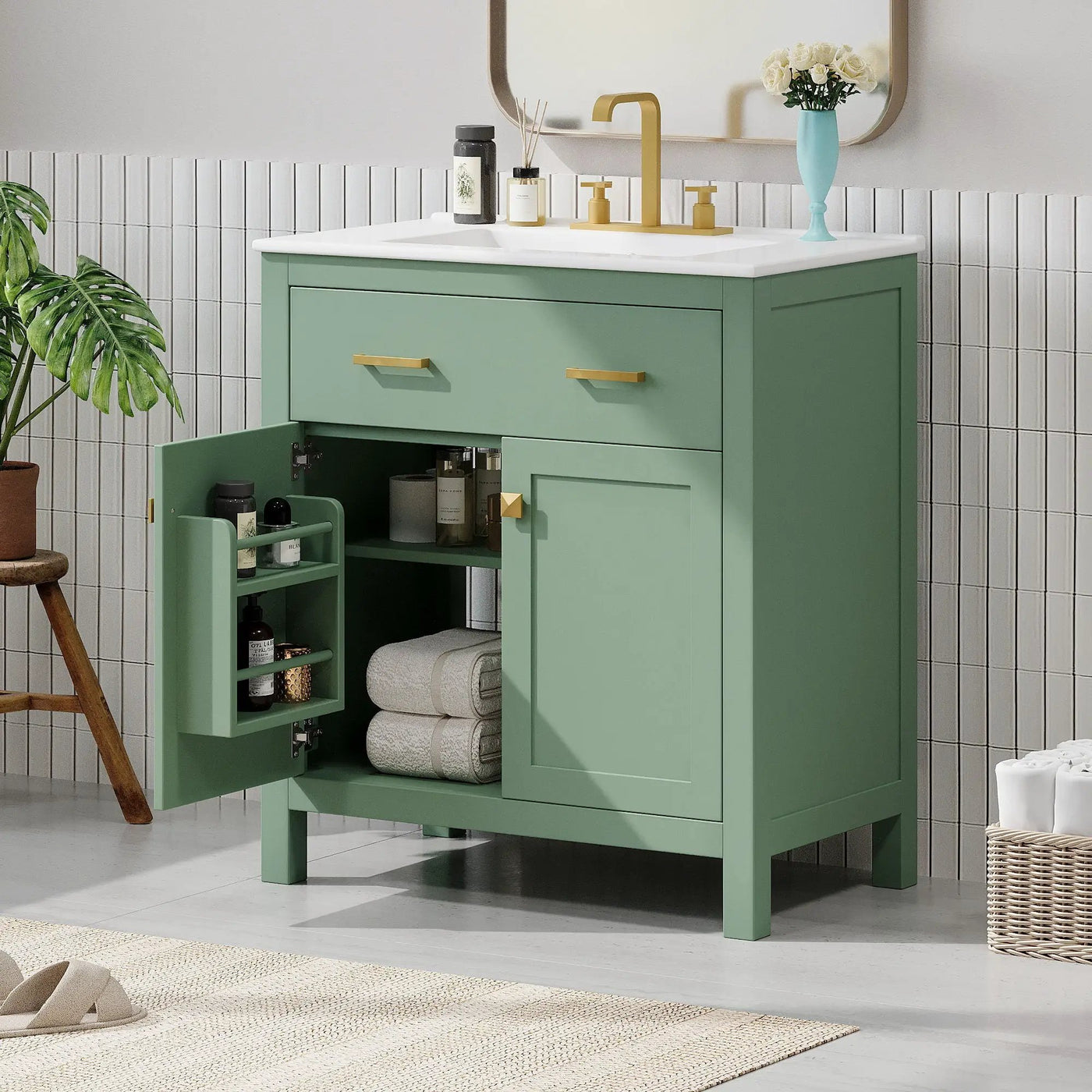 Bathroom Vanity With Ceramic Sink, Modern Single Bathroom Cabinet With 2 Doors And A Shelf, Soft Close Doors by HouseOfZazla