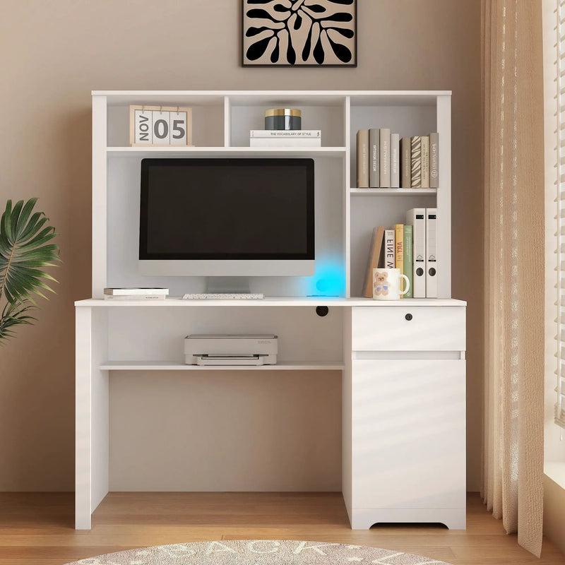 Computer Desk With Hutch & Bookshelf, Wood Executive Desk Teens Student Desk Writing Laptop Home Office Desk With Drawers, 3 Ac Outlets And 2 USB Charging Ports, Study Laptop Table For Home - White by HouseOfZazla