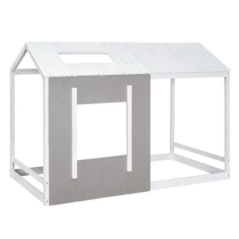 Twin Size House Platform Bed With Roof And Window - Natural / White by HouseOfZazla