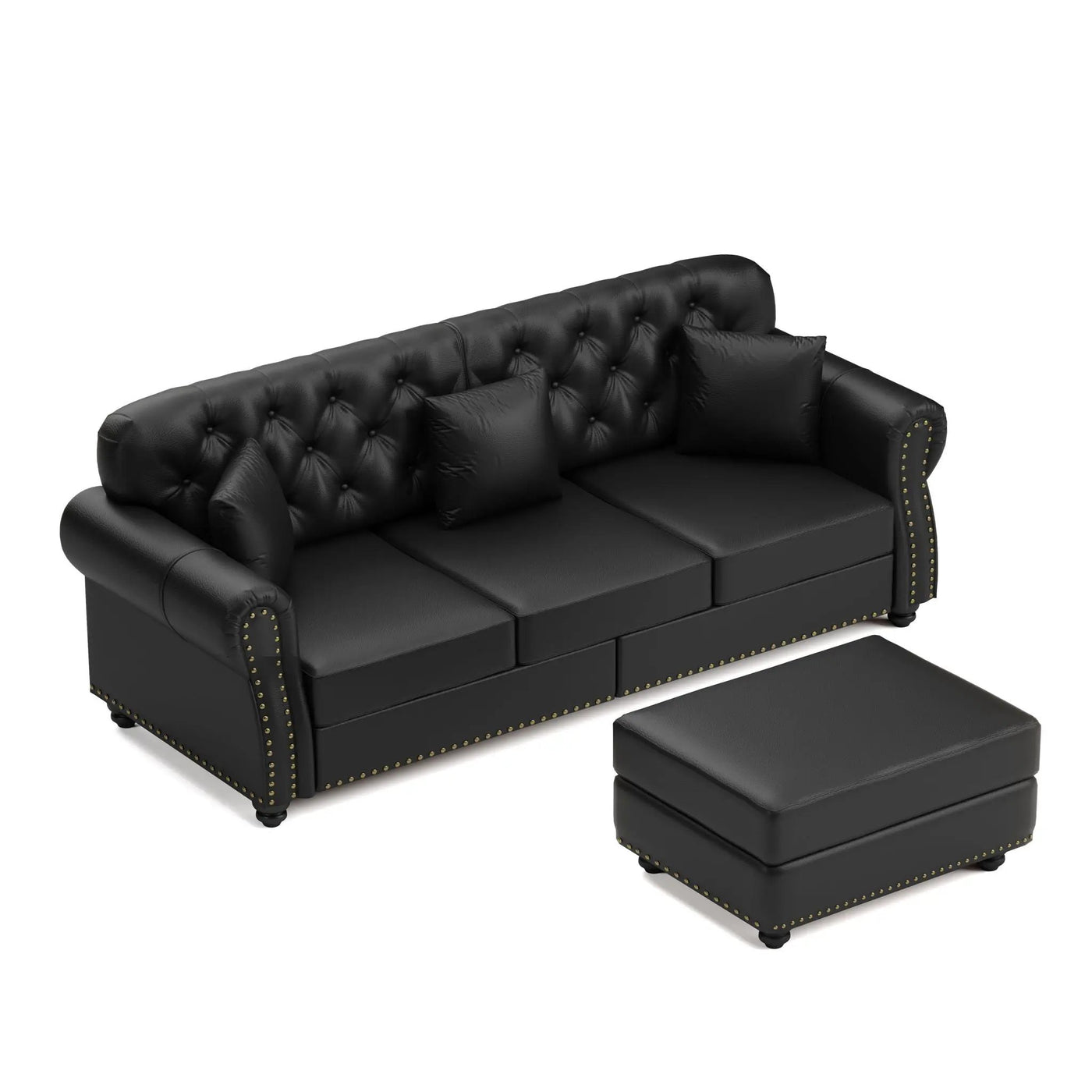Upholstered Sofa With Nailhead Trim, Rolled Armrests With Ottoman by HouseOfZazla