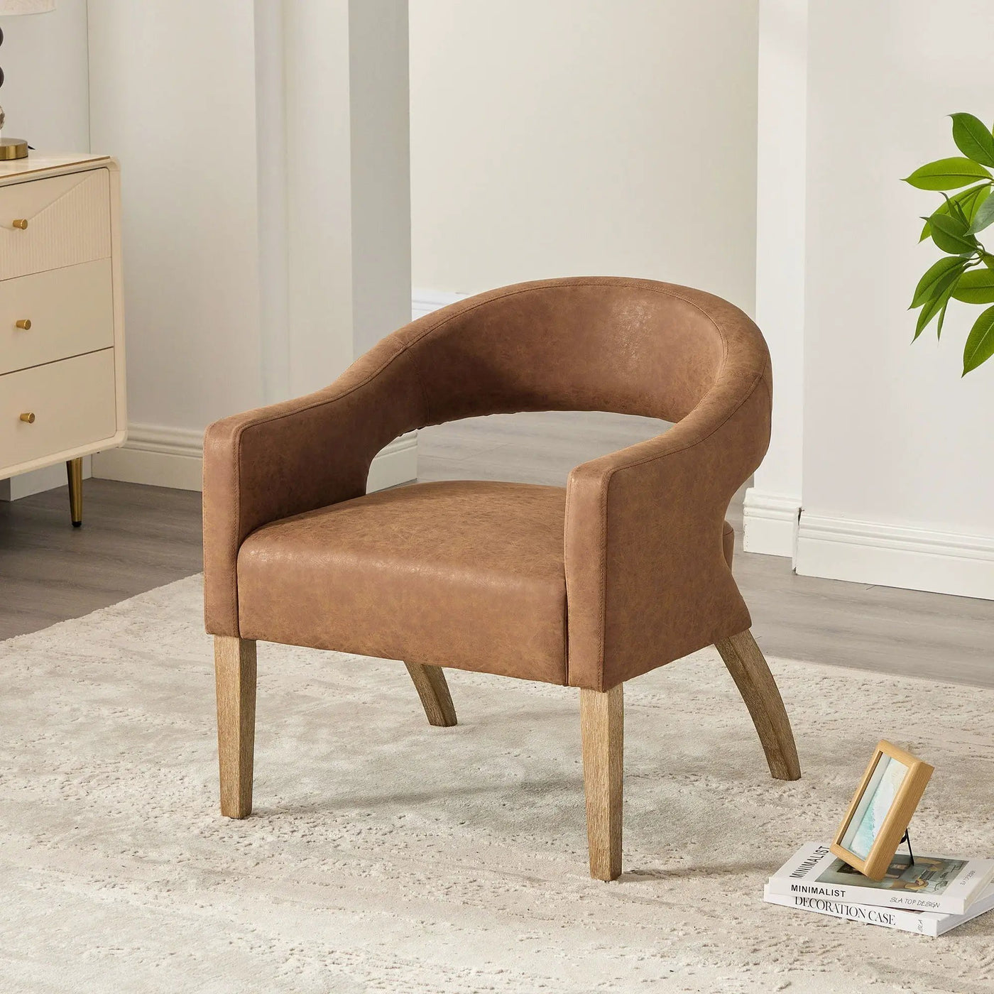 Upholstered Open Back Armchair With Weathered Rubberwood Legs by HouseOfZazla