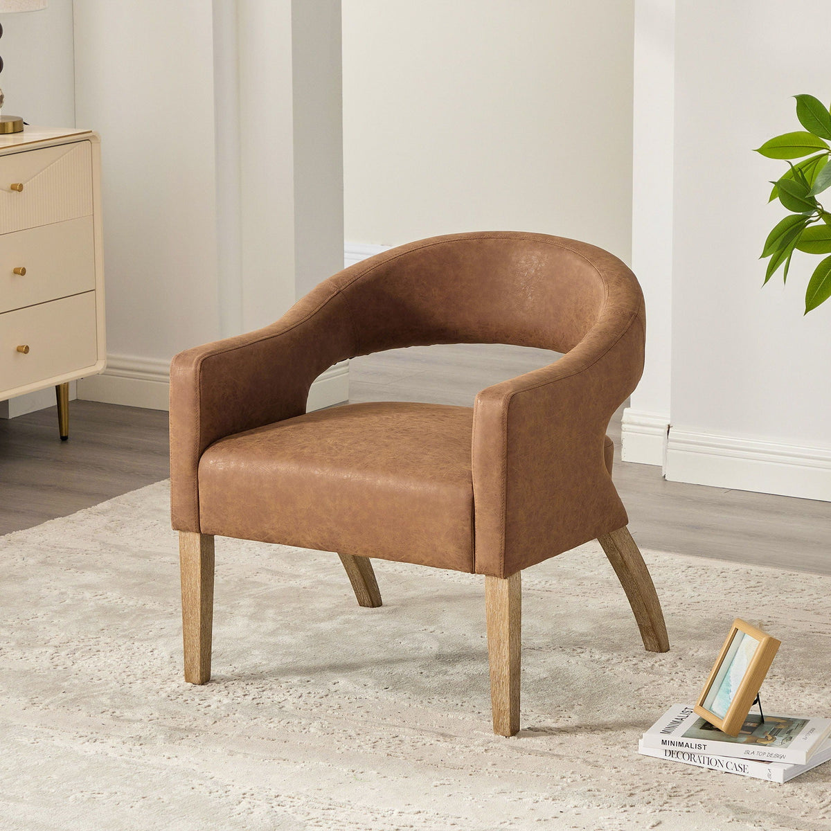 Upholstered Open Back Armchair with Weathered Rubberwood Legs - Faux Leather, photo 5 of 10