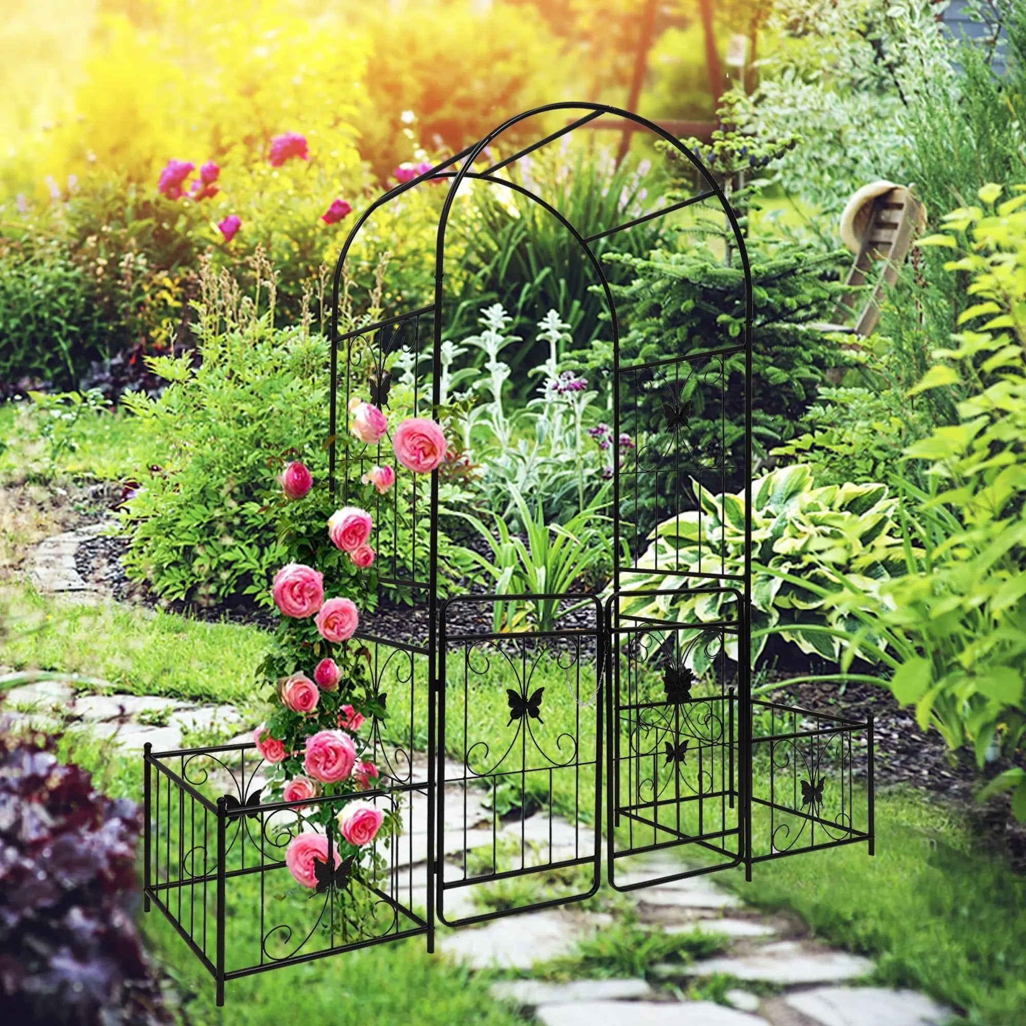 Metal Garden Arch With Gate High Climbing Plants Support Rose Arch Outdoor - Black by Unique Piece Furniture