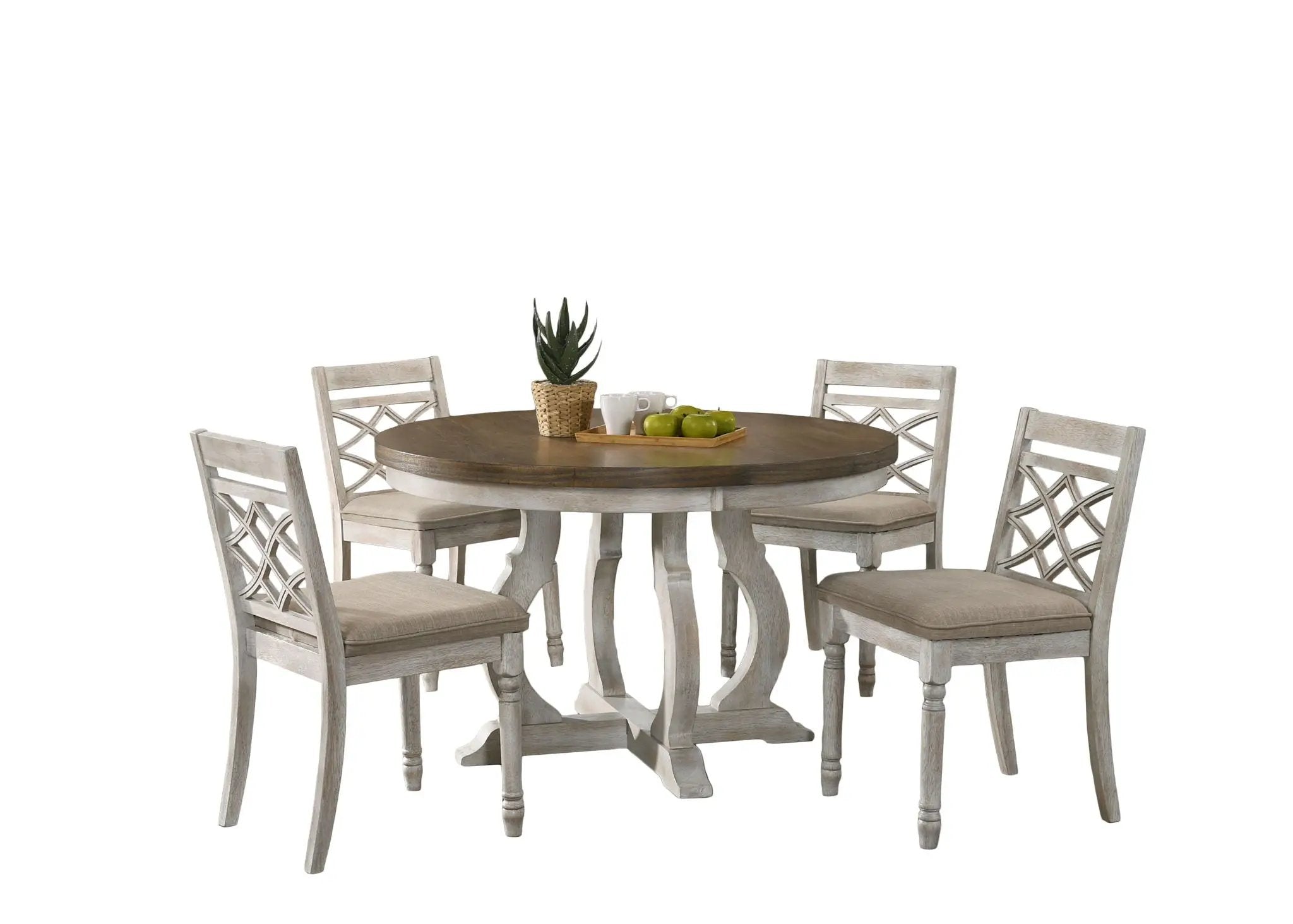 Havanna - 5 Piece Wide Round Dining Table With Off White Chairs (Set of 5) - Vintage Walnut by HouseOfZazla