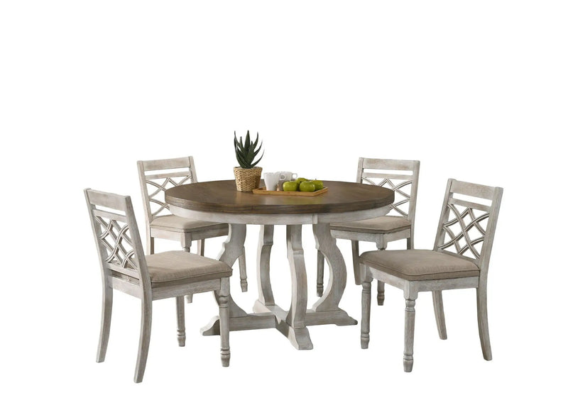 Havanna - 5 Piece Wide Round Dining Table With Off White Chairs (Set of 5) - Vintage Walnut by HouseOfZazla