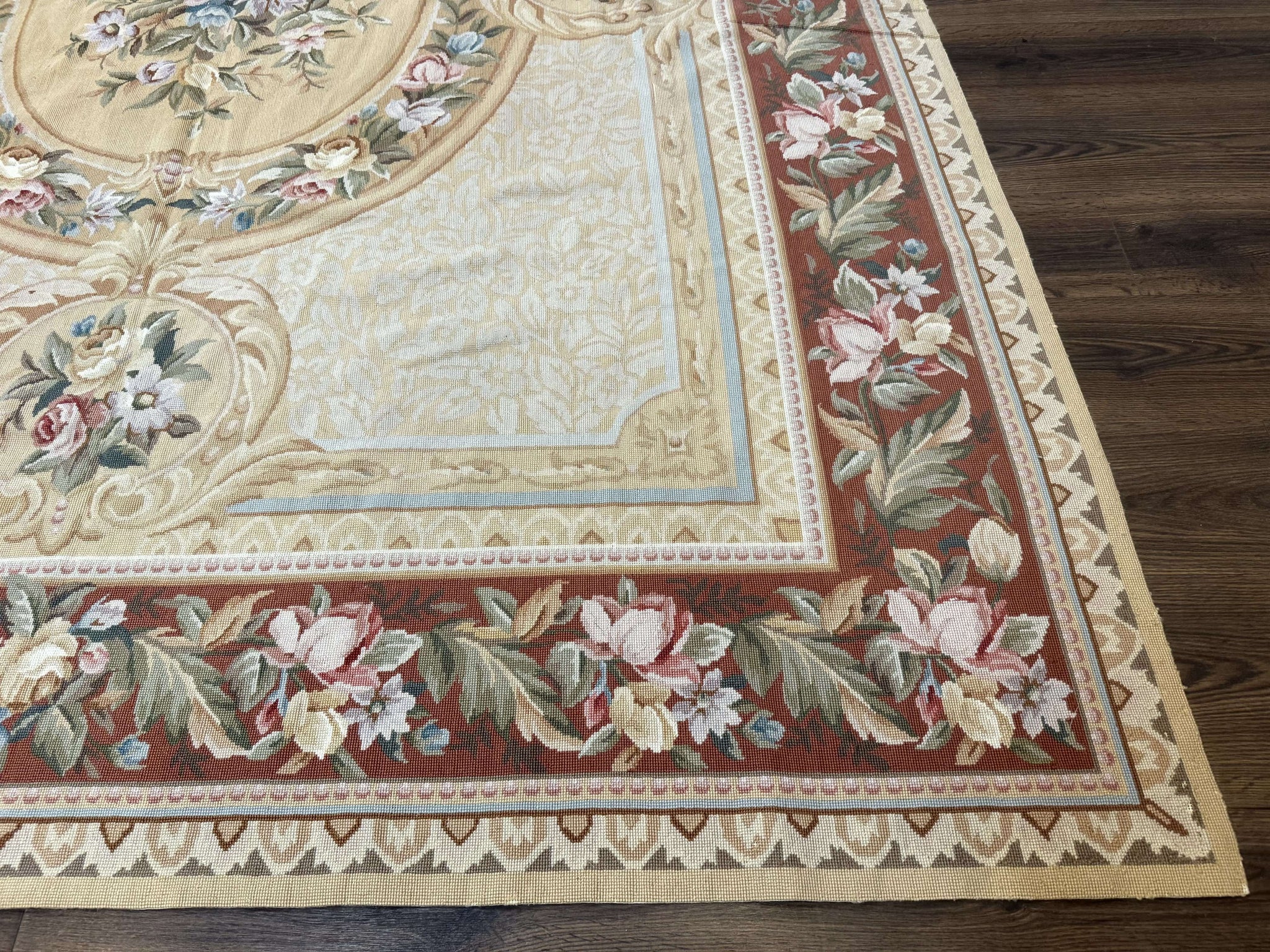 Needlepoint Rug 8x10, Aubusson Savonnerie European Carpet, Floral, Elegant by Jewel Rugs