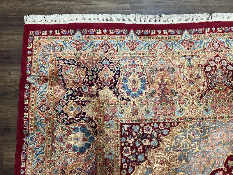 Persian Rug 9x12, Kirman DeLuxe, Millefleur Floral Medallion Carpet, Maroon Light Blue Beige, Semi Antique Authentic Hand Knotted Wool Rug by Jewel Rugs