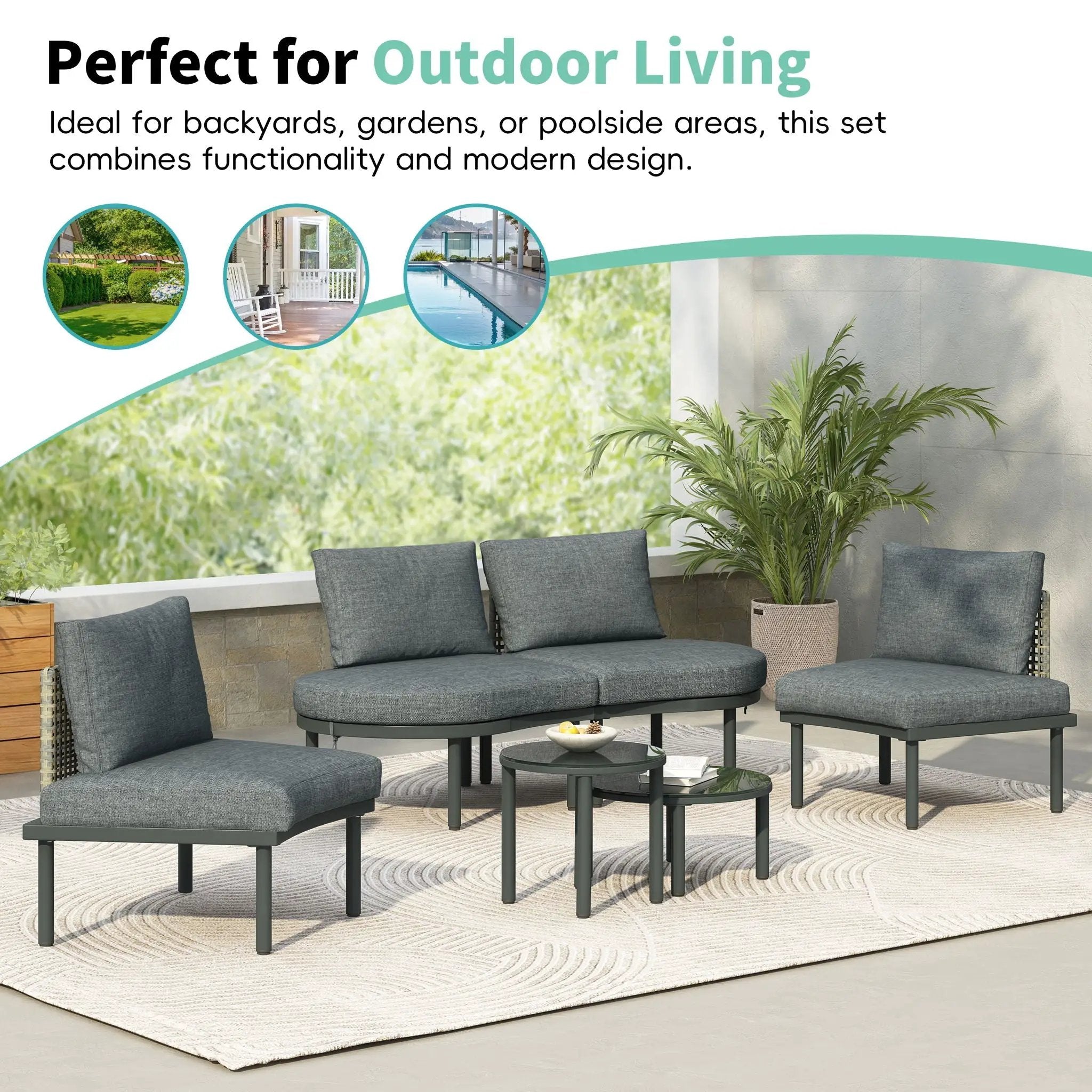 6 Piece Patio Set, Half Moon Outdoor Sectional Sofa With 2 High Low Coffee Tables, 4 Pillows & Cushions by HouseOfZazla