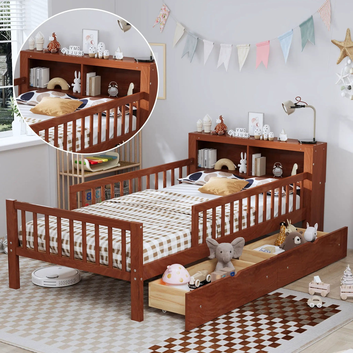 Bed With Headboard Storage Rack, 2 Under Bed Drawers, 3 Side Guardrails For Safety by HouseOfZazla