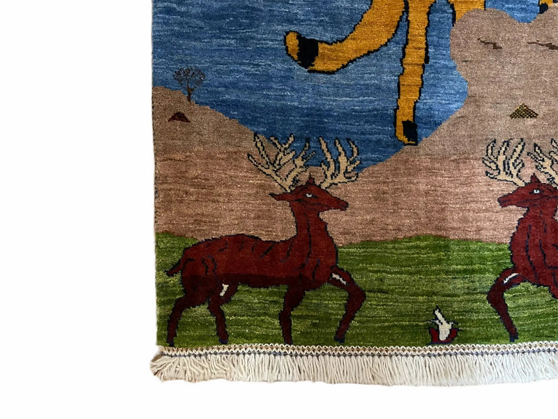 3 x 5 Handmade New Vintage Wool Blue Rug Leopard Lion Jaguar Deer Organic Dyes by Jewel Rugs