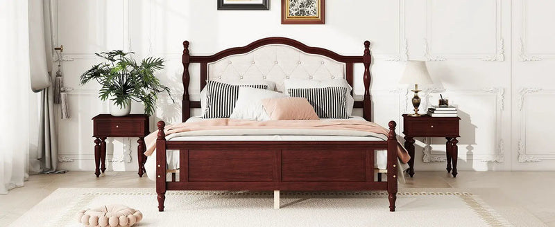 Pine Wooden Bed With Upholstered Headboard And Panel Footboard, With Two Bed Rail Support Feet And Central Platform Support Feet by HouseOfZazla