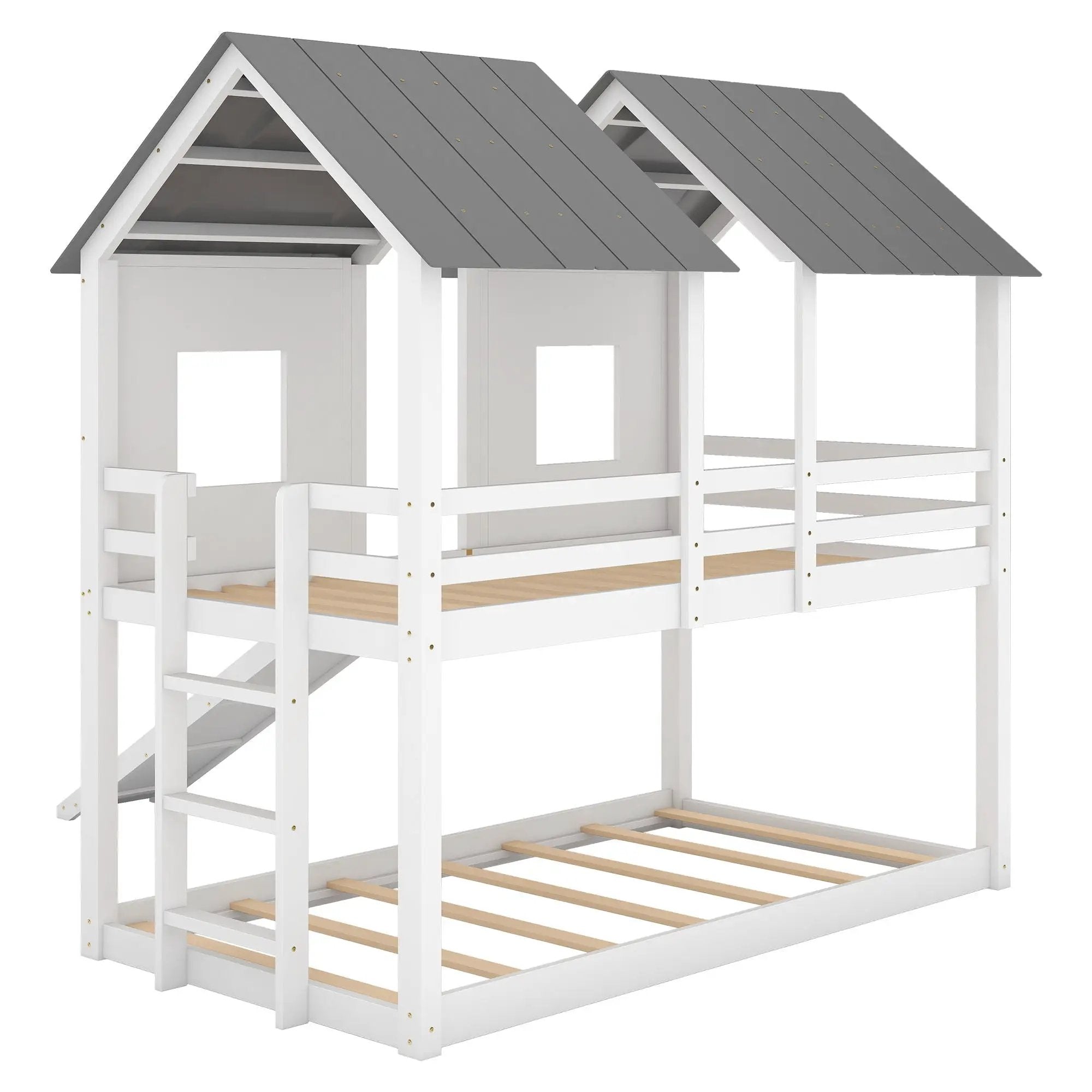 Twin Over Twin House Bunk Bed With Slide And Windows - White / Gray by HouseOfZazla