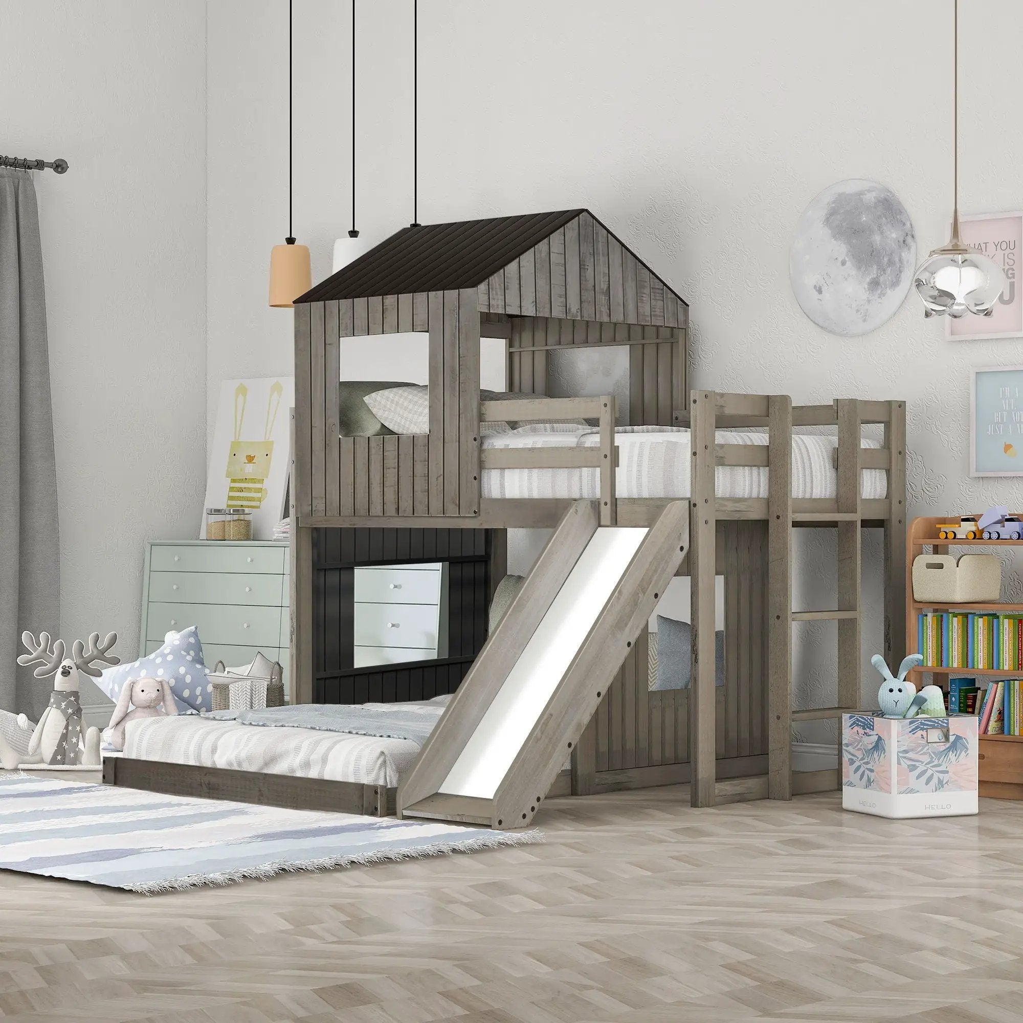 Loft Bunk Bed With Playhouse, Farmhouse, Ladder, Slide And Guardrails by Unique Piece Furniture