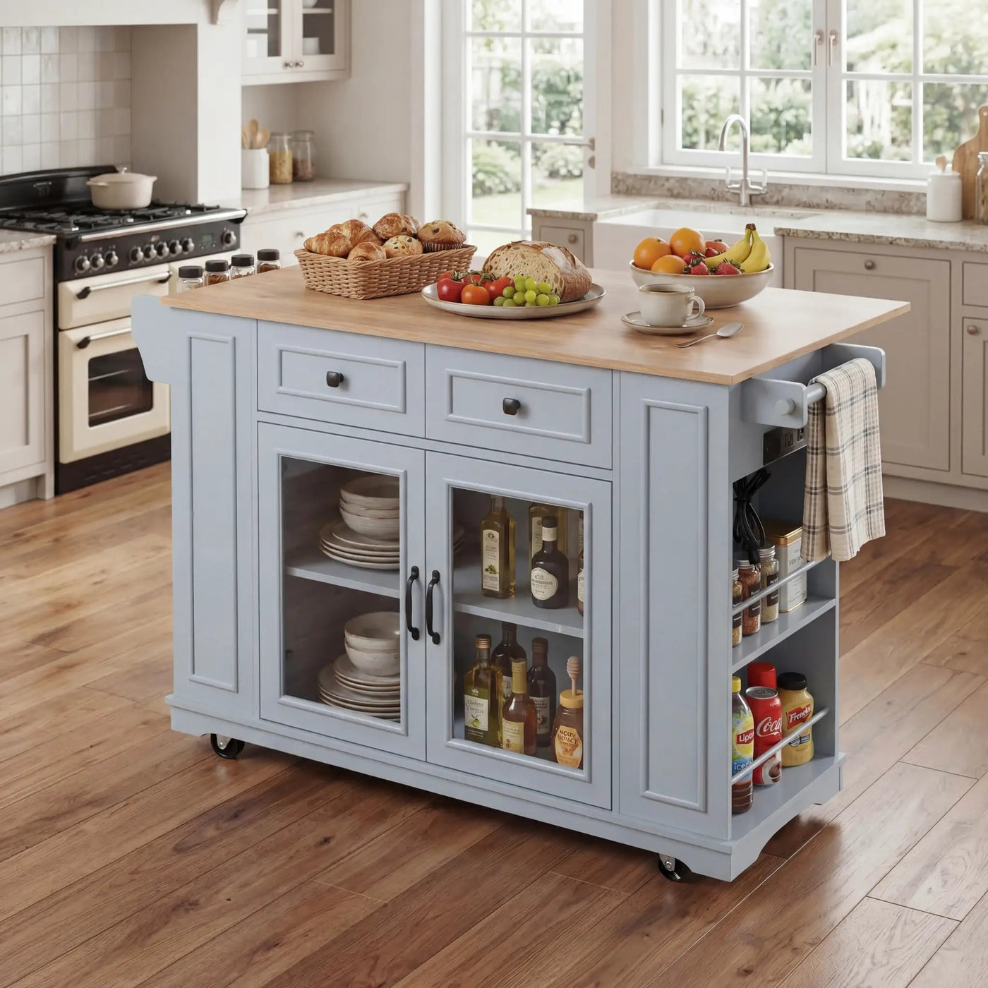 54" Mobile Kitchen Island with Glass Door Storage, Power Outlet & Rolling Cart by HouseOfZazla