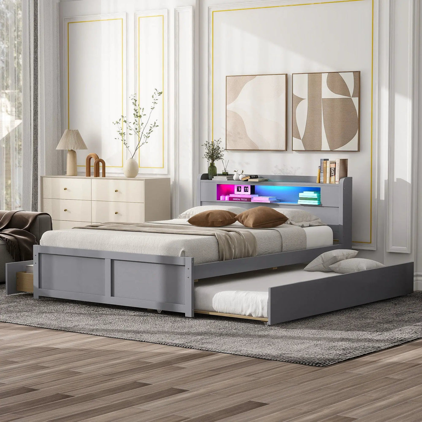 Storage Platform Bed With LED Lights, 2 Drawers And Trundle by HouseOfZazla