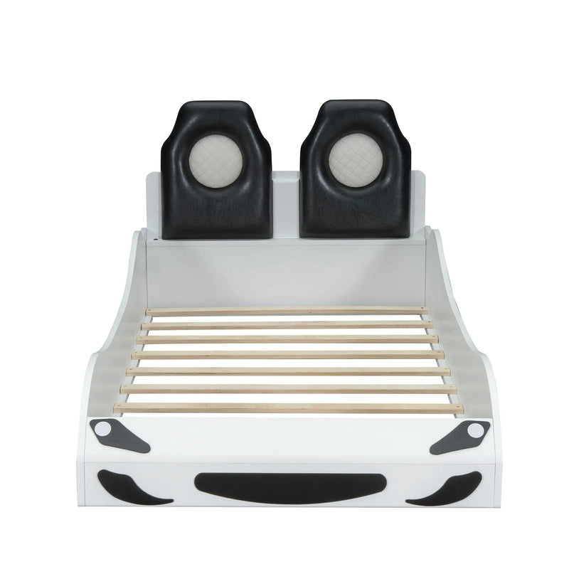 Race Car Shaped Platform Bed With LED And Upholstered Backrest In by HouseOfZazla