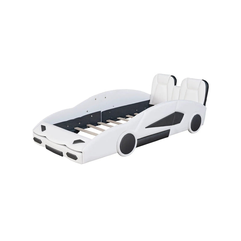 Race Car Shaped Twin Platform Bed With Wheels, Pine Wood Construction by Unique Piece Furniture
