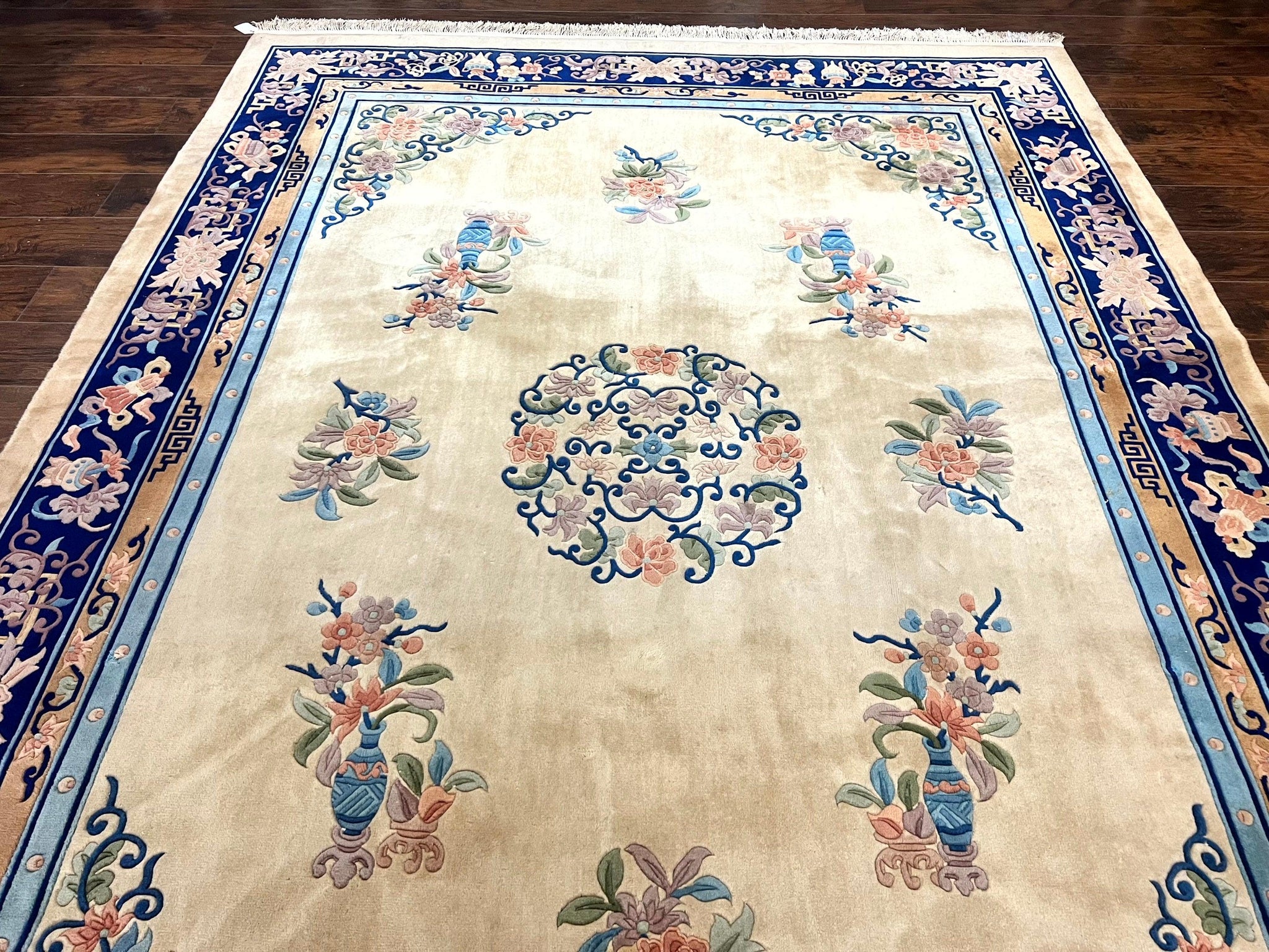 Chinese Wool Rug 8x11, Peking Asian Oriental Carpet, Cream/Ivory and Blue, Vintage Handmade Rug, Art Deco Rug by Jewel Rugs