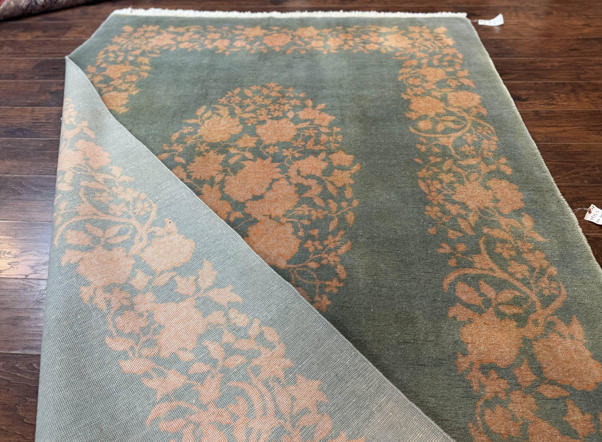 Teal Chinese Wool Rug 6x8, Vintage Handmade Carpet, Floral, Semi Open Field by Jewel Rugs