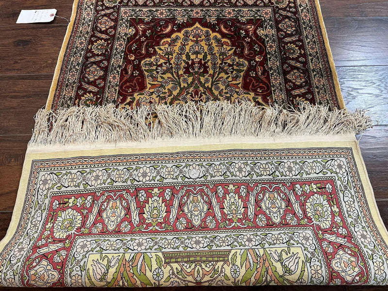 Wonderful Silk Turkish Hereke Prayer Rug 2.8 x 4.5, Tree of Life Design, Signature from Master Weaver, Gold and Burgundy, Handmade, 625 KPSI by Jewel Rugs