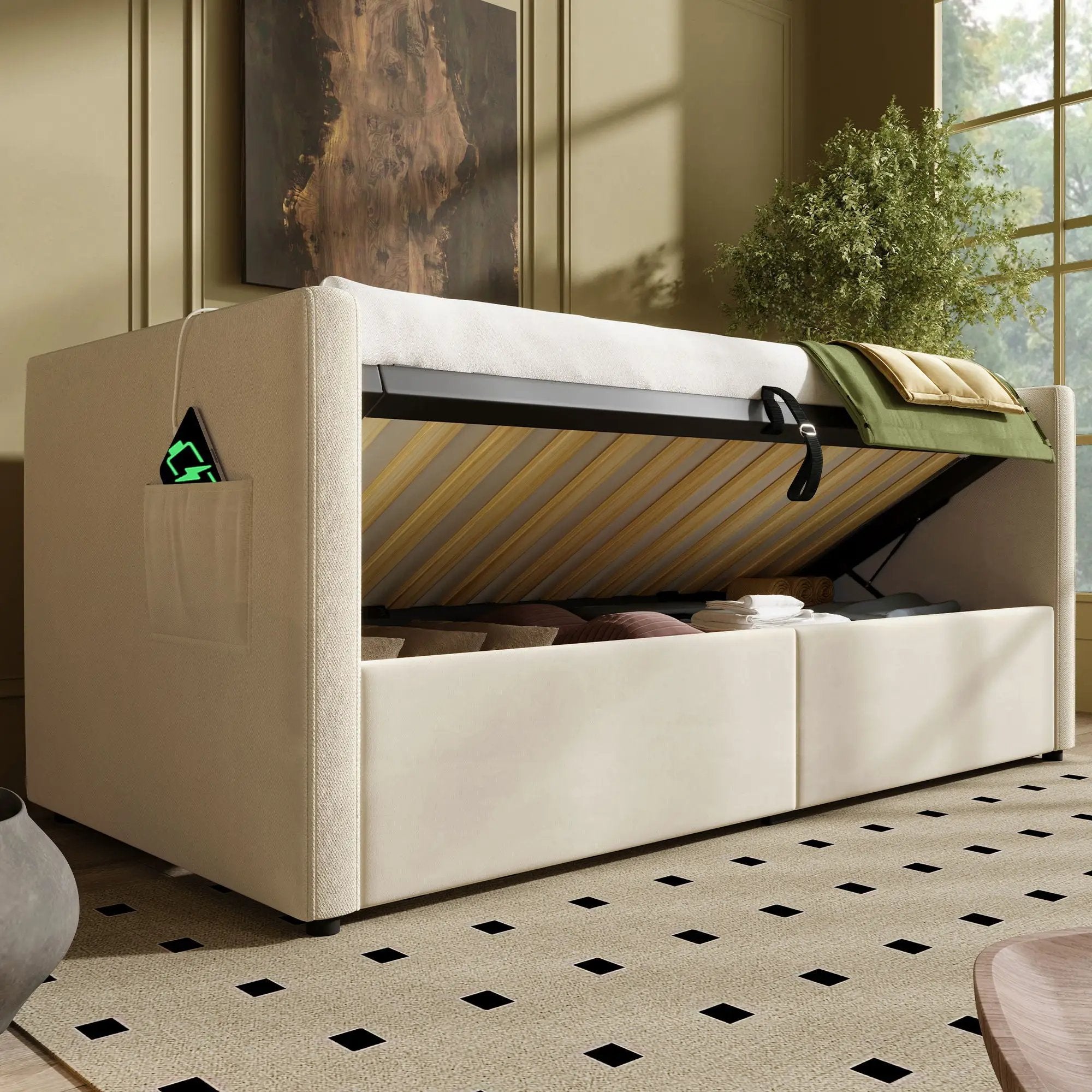 Upholstered Hydraulic Storage Daybed With USB & Type C Charging by HouseOfZazla