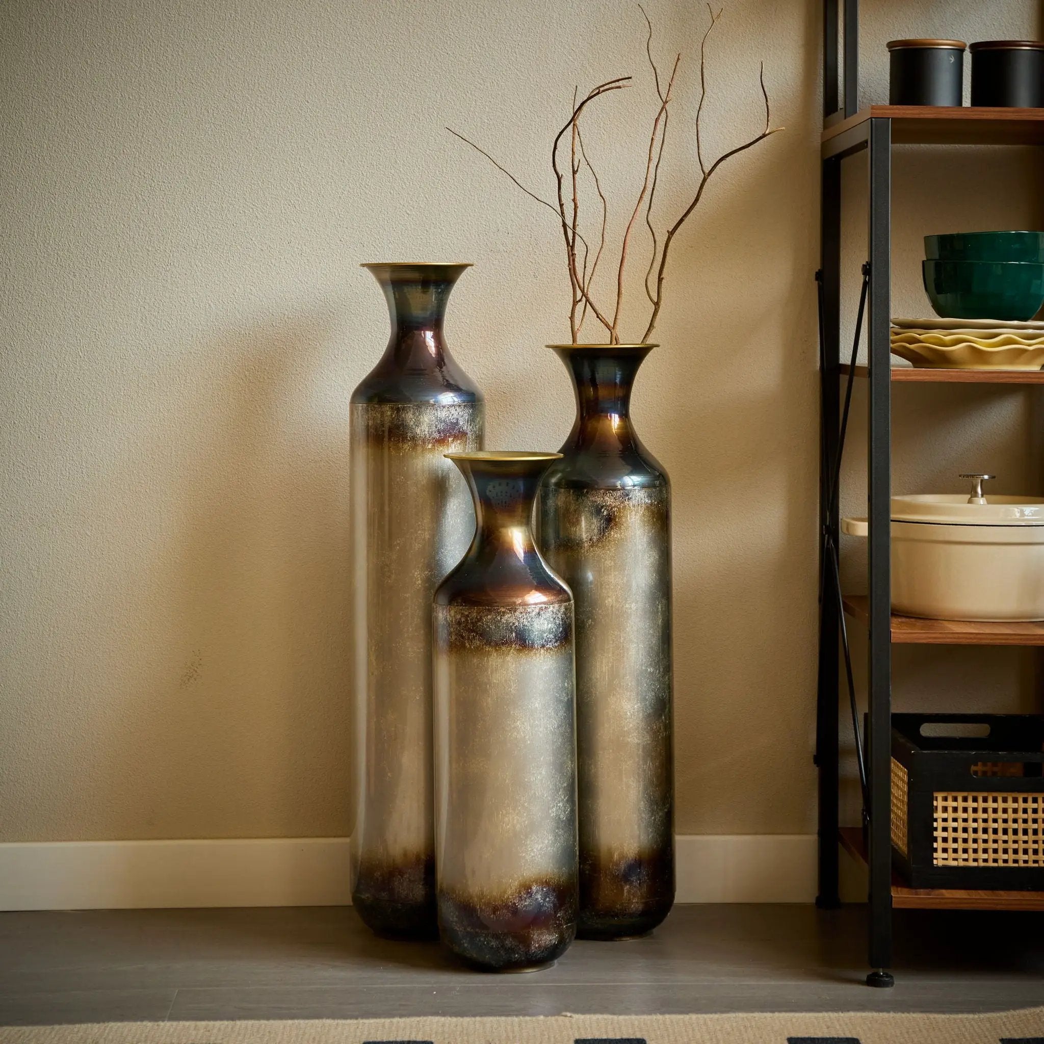 Modern Droplet Shaped Floor Vase Set, Glazed Metal Decorative Vases 3 Piece Home Accent For Living Room - Gold / White by Unique Piece Furniture