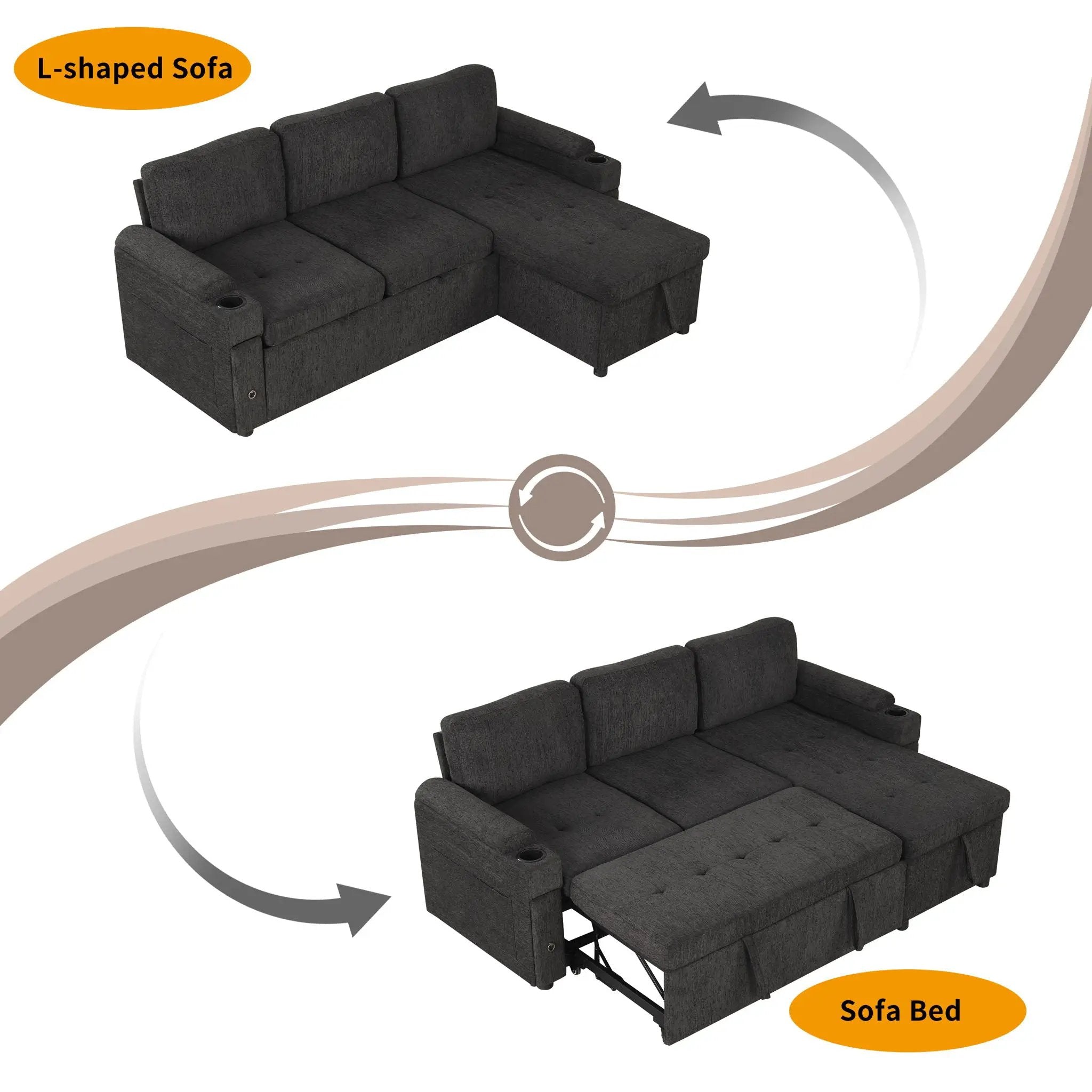 Convertible L Shaped Sofa Couch With Storage, Cup Holders, USB Ports by HouseOfZazla