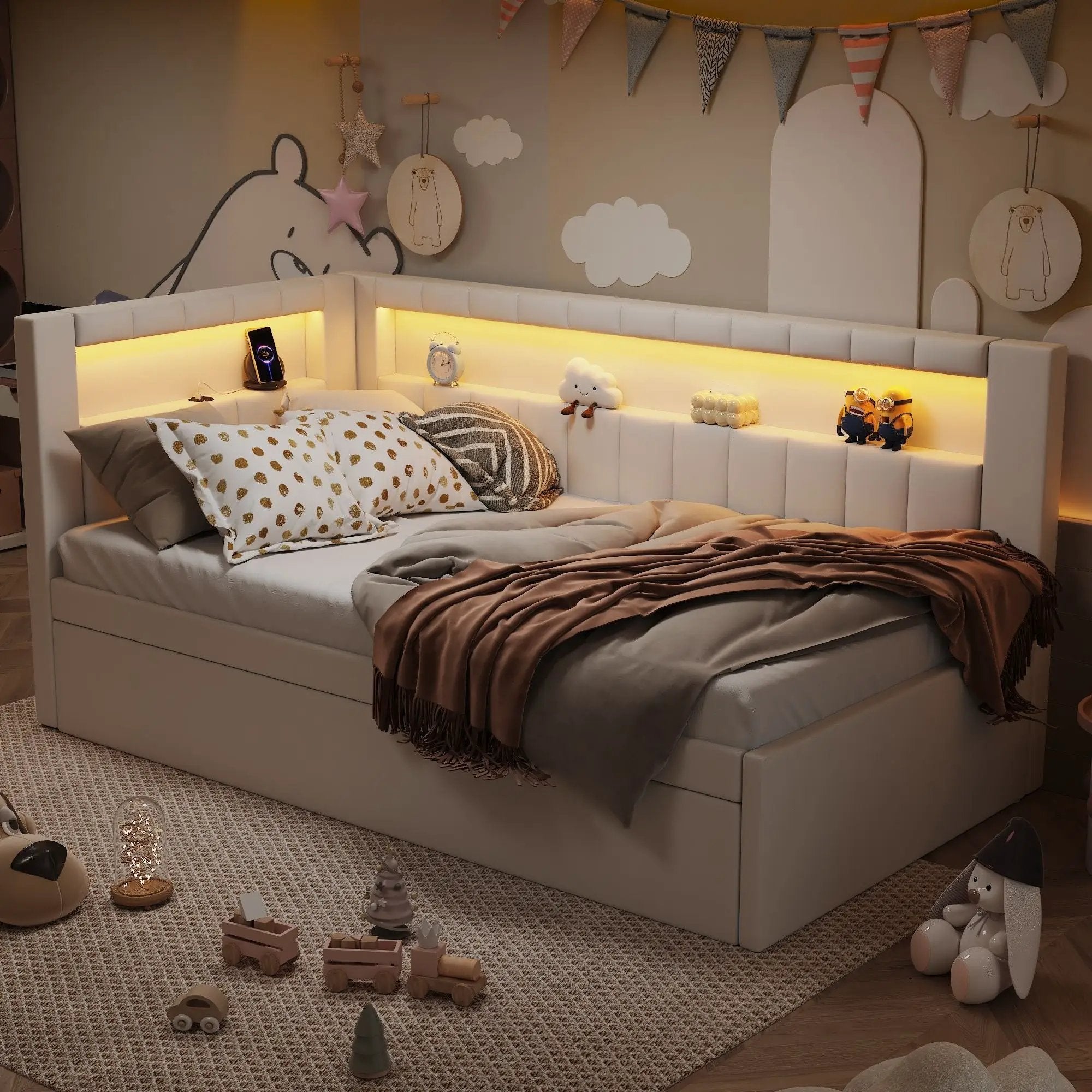 Upholstered Platform Bed With USB Ports And LED Belt