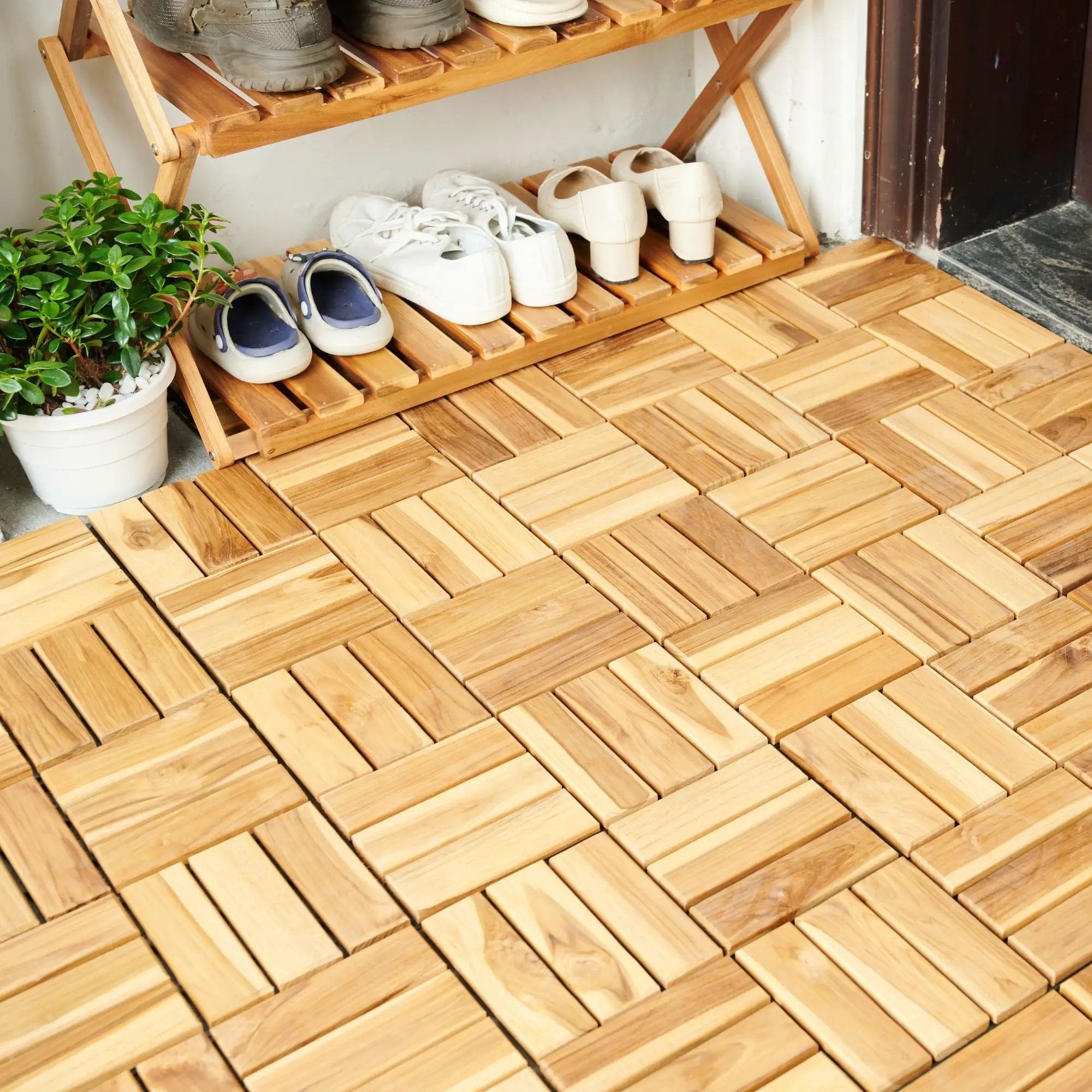 Interlocking Deck Tiles Checker Pattern, Square Acacia Hardwood Outdoor Flooring For Patio, Bancony, Pool Side by HouseOfZazla