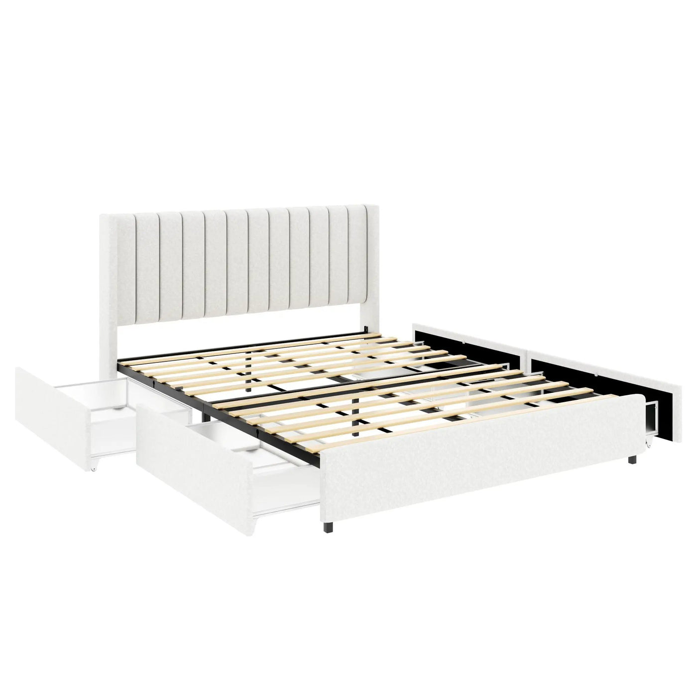 Anda - Boucle Upholstered Platform Bed With Patented Drawers Storage - Ivory by HouseOfZazla