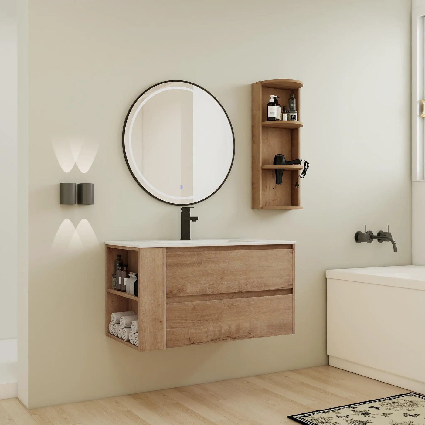 Modern Wall Mounted Bathroom Vanity with Ceramic Sink and Storage Rack by HouseOfZazla