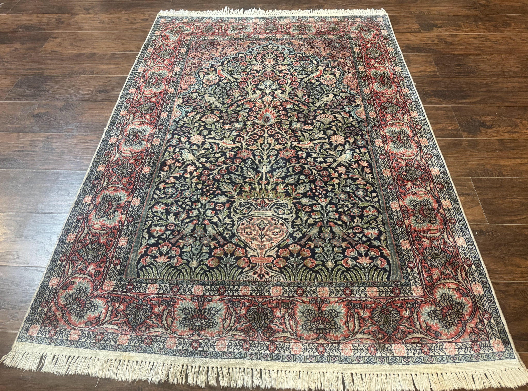 Silk Indian Kashmiri Rug 4x6, Tree of Life Pattern, Birds, Fine 290 KPSI, Navy Blue and Red, Handmade Oriental Carpet by Jewel Rugs