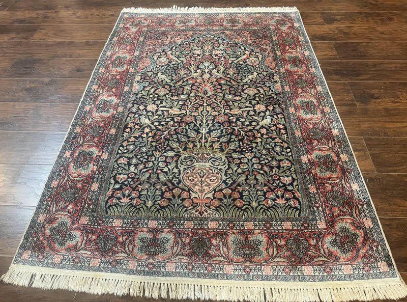 Silk Indian Kashmiri Rug 4x6, Tree of Life Pattern, Birds, Fine 290 KPSI, Navy Blue and Red, Handmade Oriental Carpet by Jewel Rugs