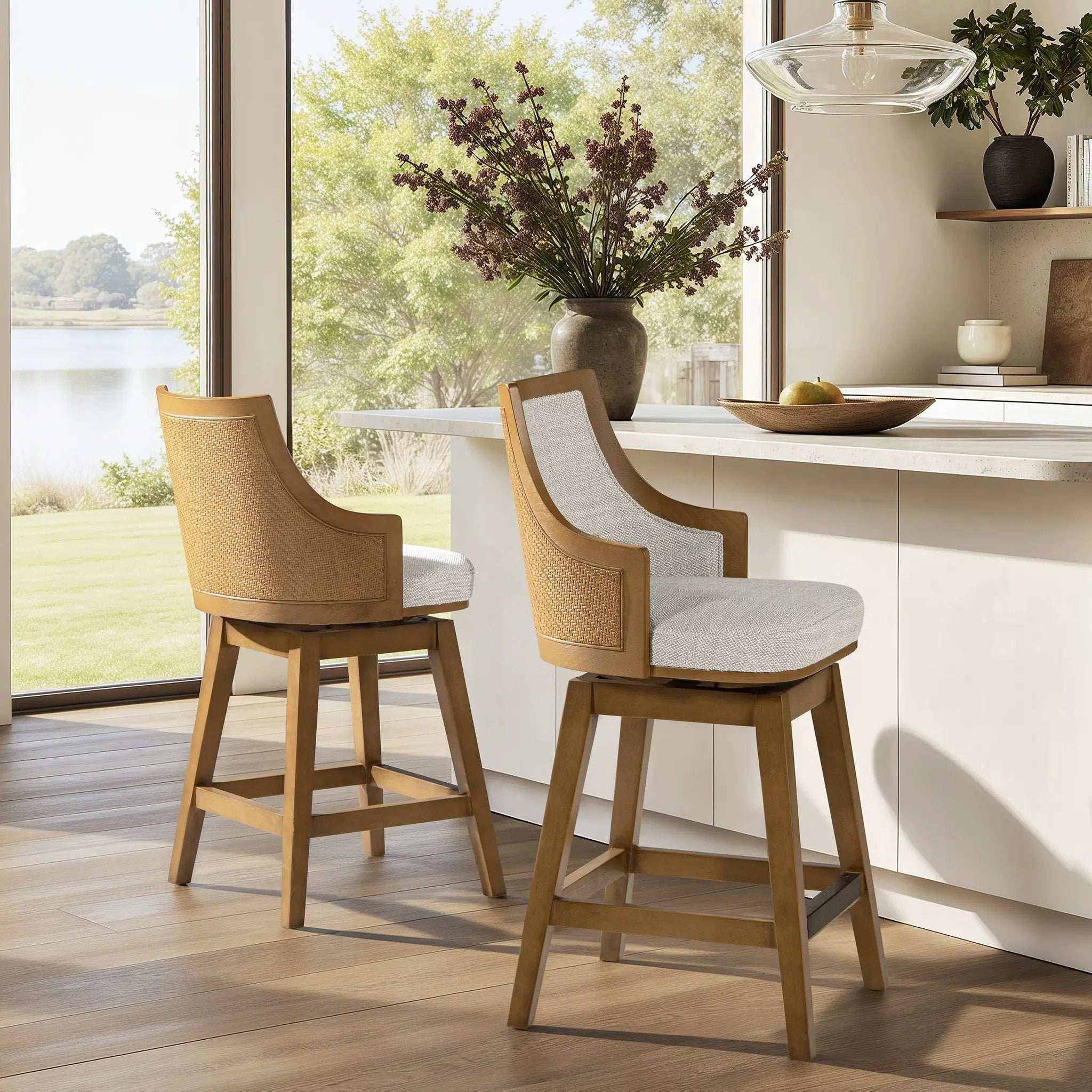 Bahama 26" Cane Rattan High-Back Swivel Counter Stool with Recessed Arms by HouseOfZazla