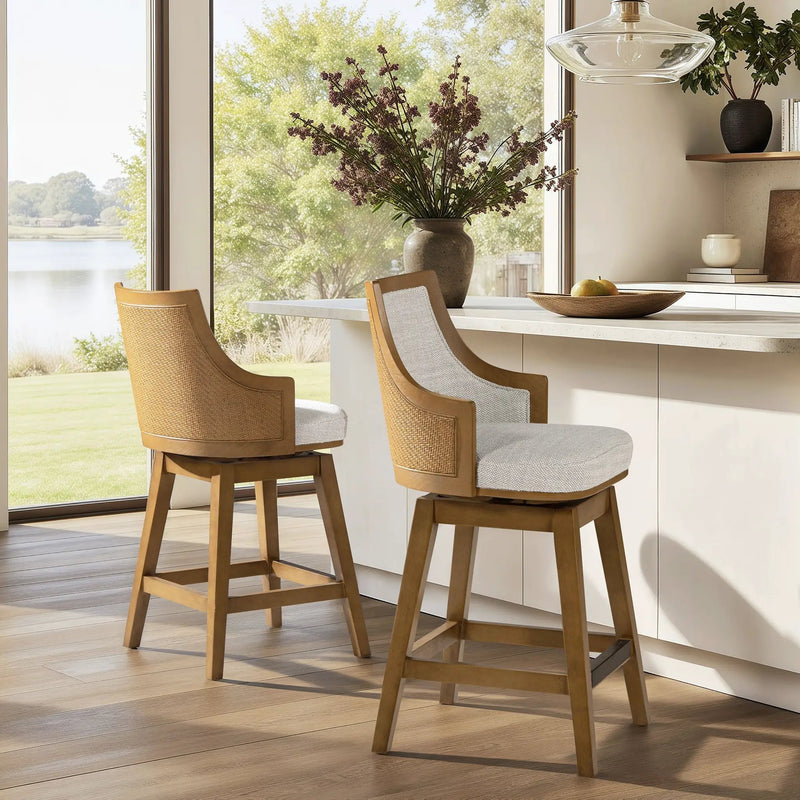Bahama 26" Cane Rattan High-Back Swivel Counter Stool with Recessed Arms by HouseOfZazla