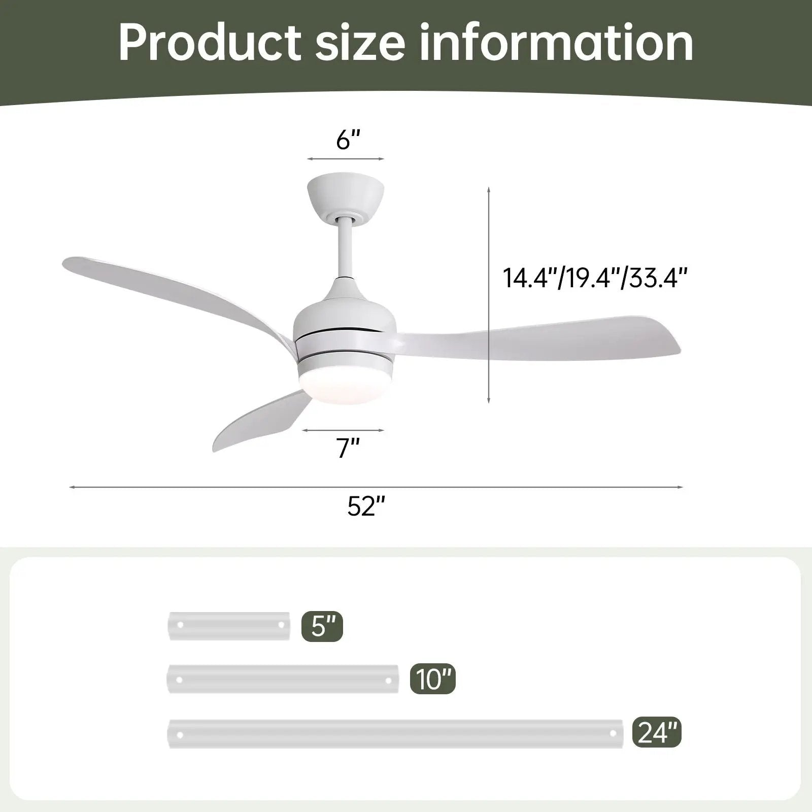 Ceiling Fan With 3 Blades, Remote Control, Reversible DC Motor, Noiseless Operation, 3 Downrods by Unique Piece Furniture