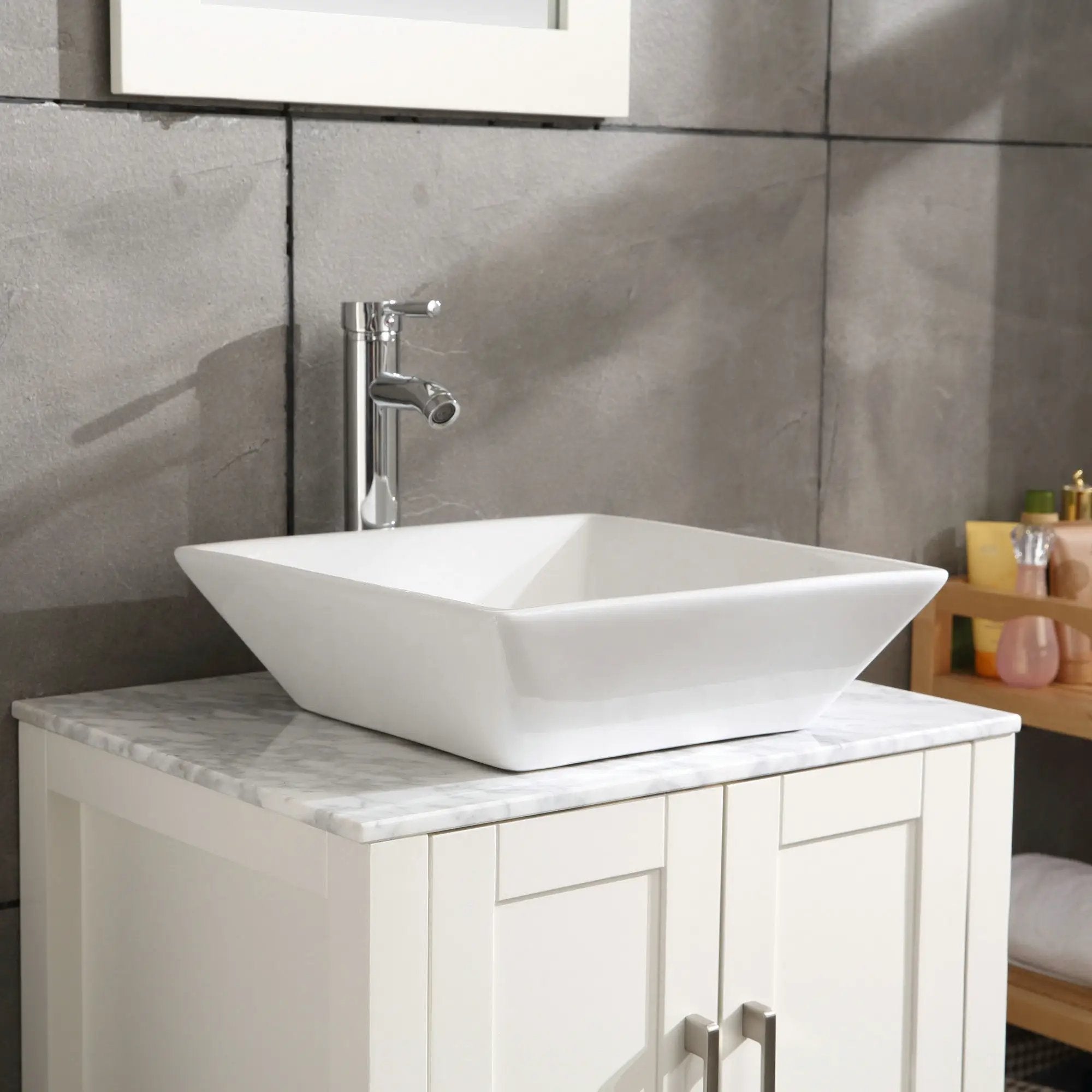 Square Bathroom Vessel Sink - White Porcelain Counter Bowl For Bathroom Vanity - White by HouseOfZazla
