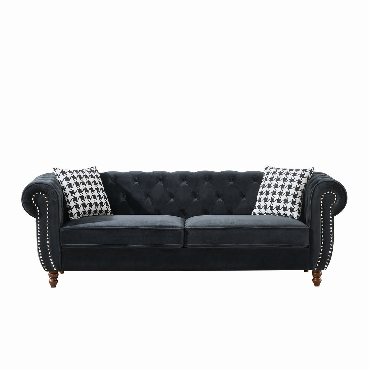 Chesterfield 3 And 2 Seater Upholstery Sofa with Roll Armrest & Nailhead Fabric Couch - Black, photo 6 of 16