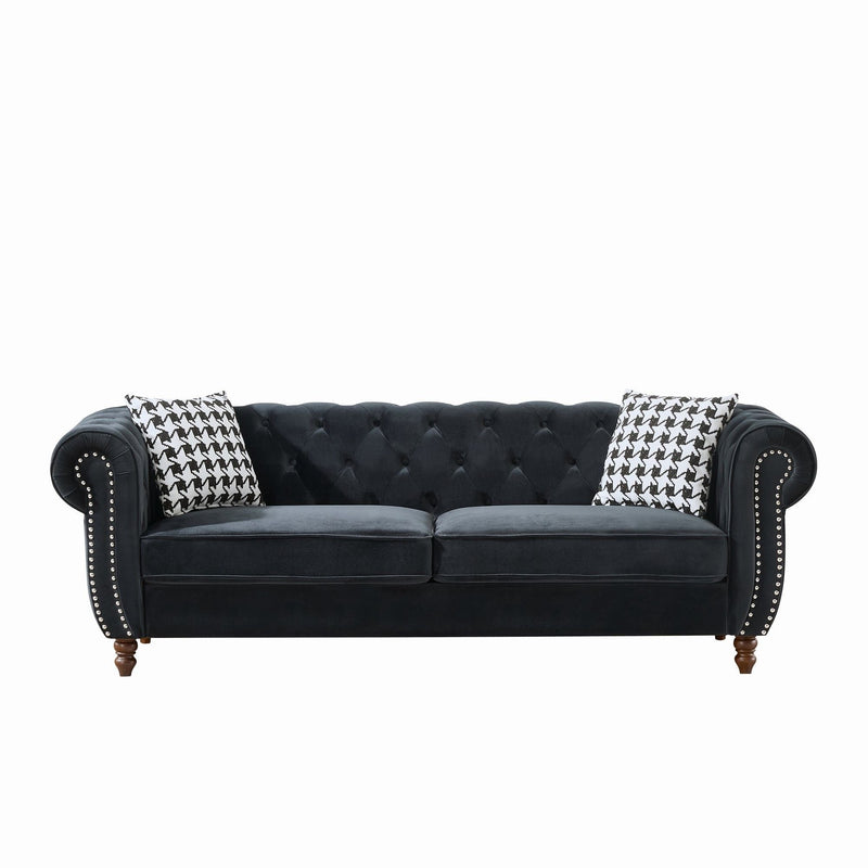 Chesterfield 3 And 2 Seater Upholstery Sofa with Roll Armrest & Nailhead Fabric Couch - Black, photo 6 of 16