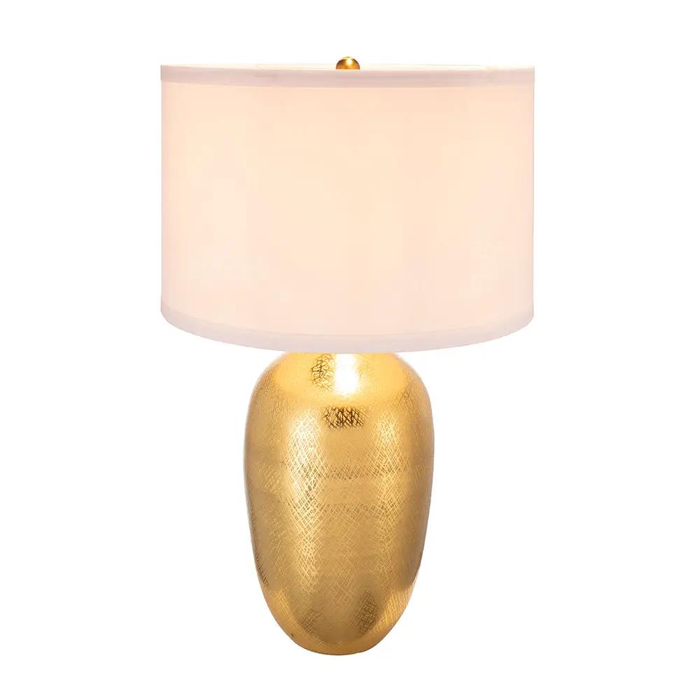 D18x31" Round Aluminum Sheet Gold Table Lamp with White Fabric Shade by HouseOfZazla