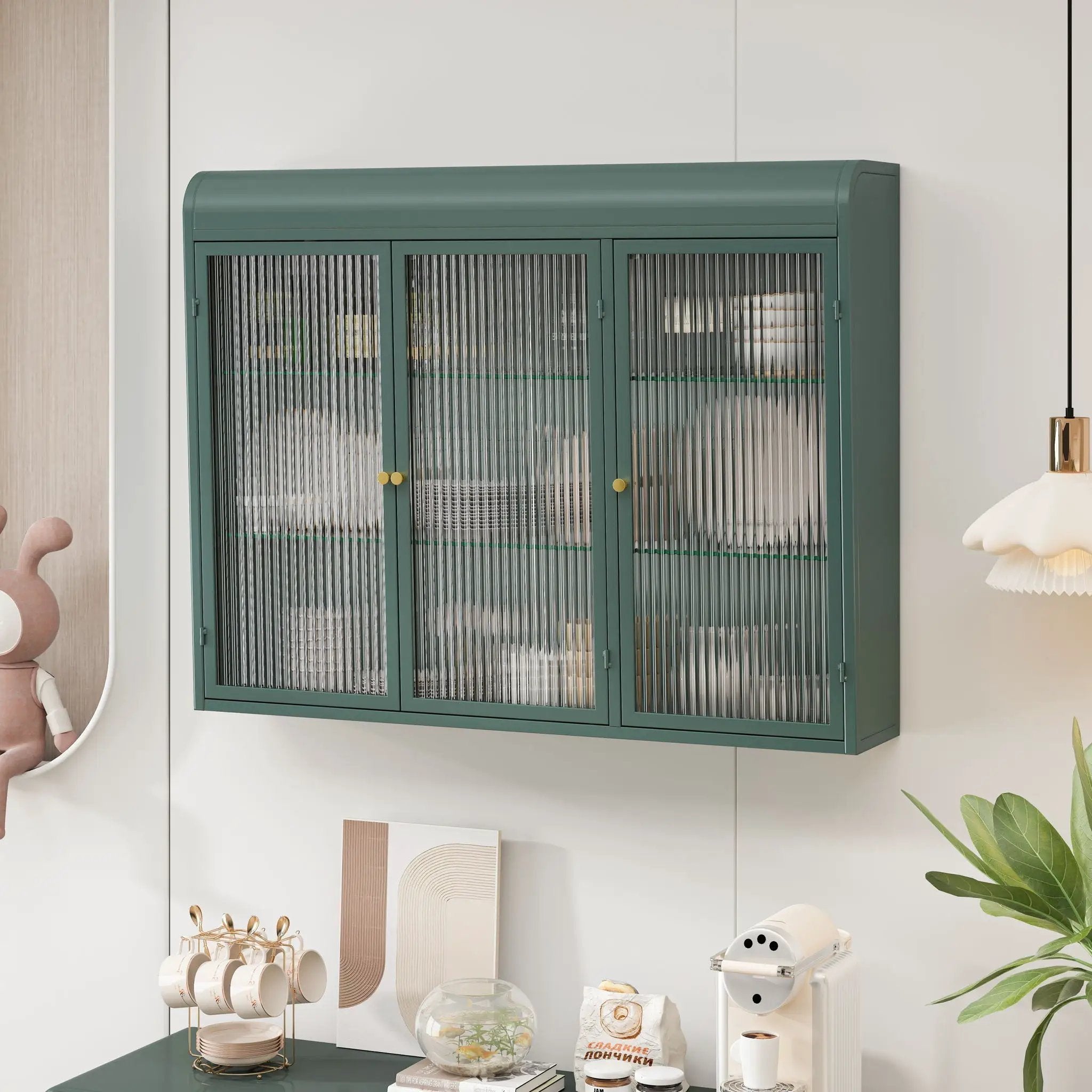 Arched Wall Mounted Cabinet, 3 Door Storage For Kitchen - Dark Green by HouseOfZazla