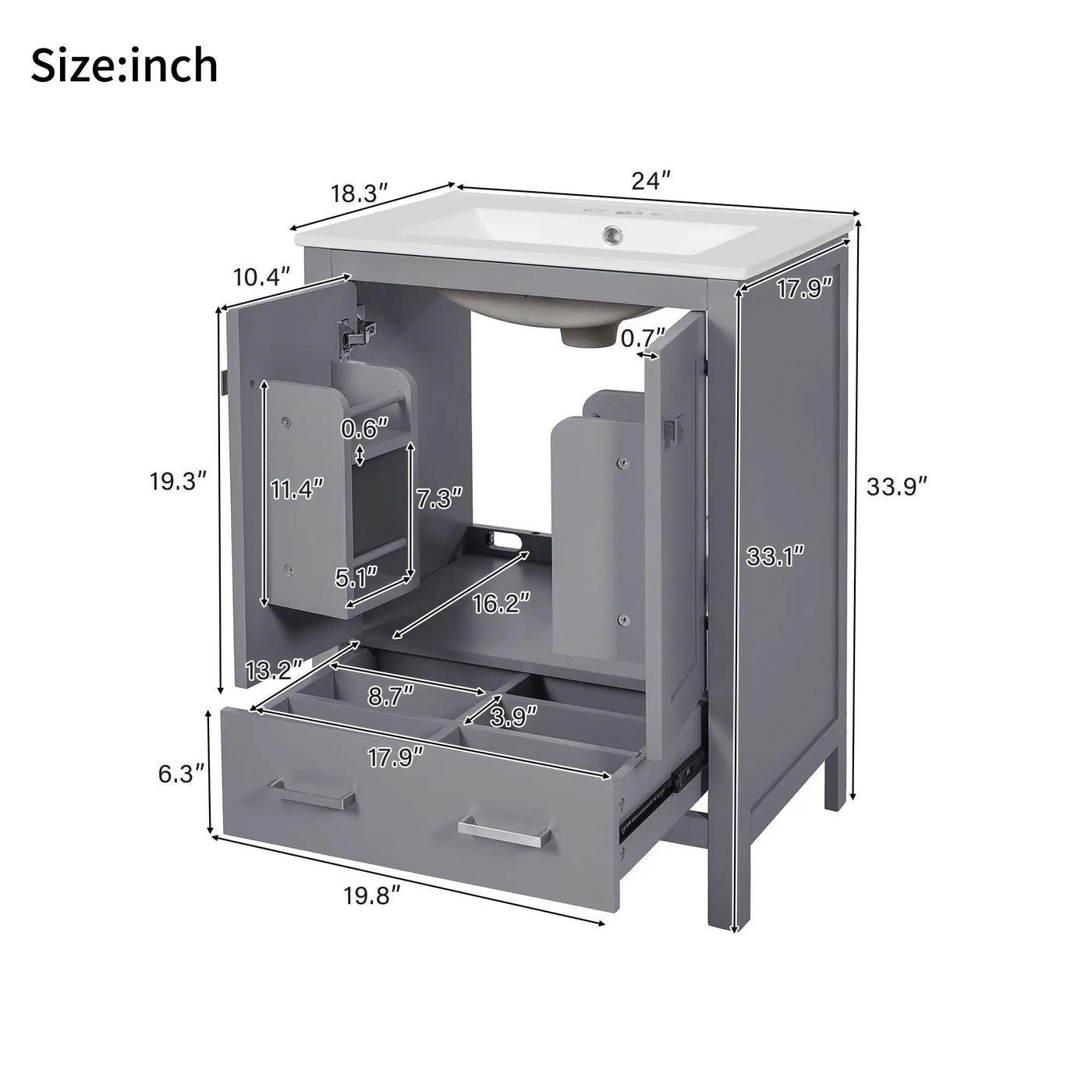 Bathroom Vanity With Integrated Undermount Ceramic Sink, 2 Doors And 1 Drawer, Soft Close Hinges by Unique Piece Furniture