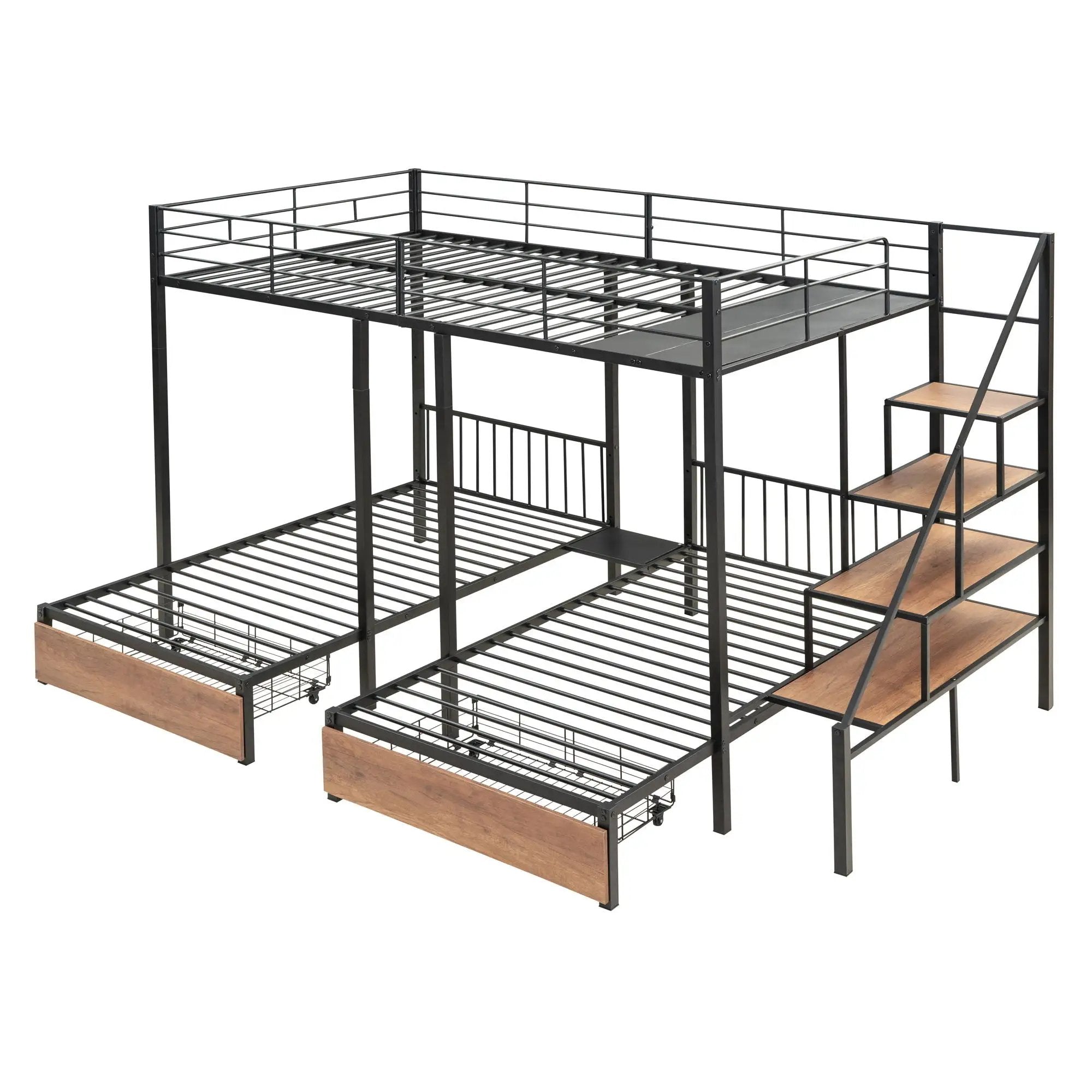 Full Over Twin-Twin Triple Bunk Bed With Drawers And Staircase - Black by HouseOfZazla