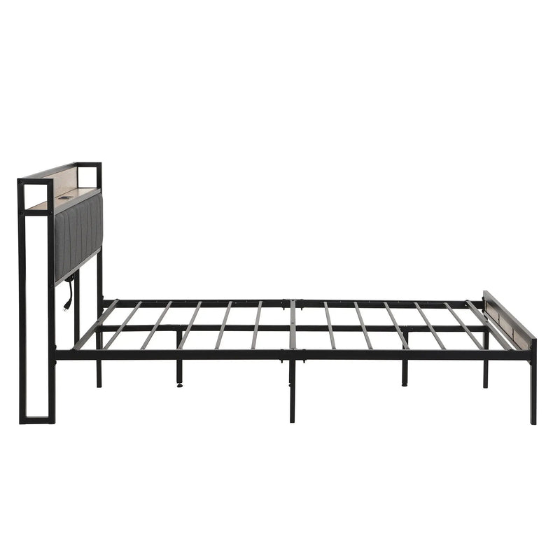 Modern Bed Frame With LED Lights, Upholstered Headboard, USB Charging