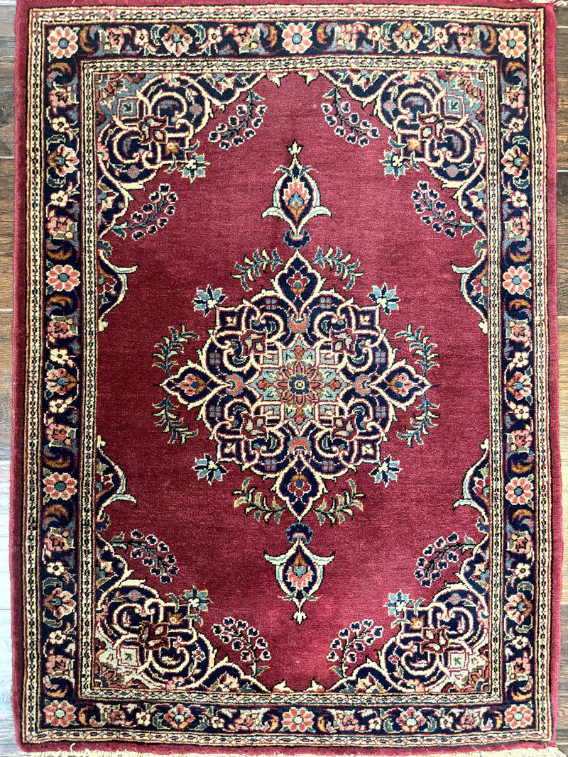 Small Persian Kashan Rug 2x3, Red and Navy Blue, Handmade Vintage Wool Semi Antique Persian Carpet, Semi Open Field by Jewel Rugs