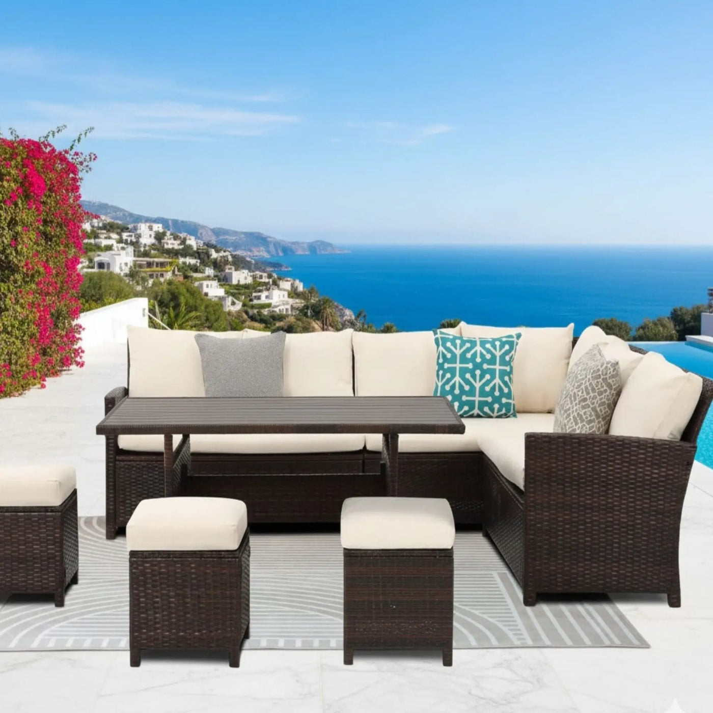 7 Piece Patio Dining Set With Cushions, Modular Sectional Sofa & Storage Table by HouseOfZazla