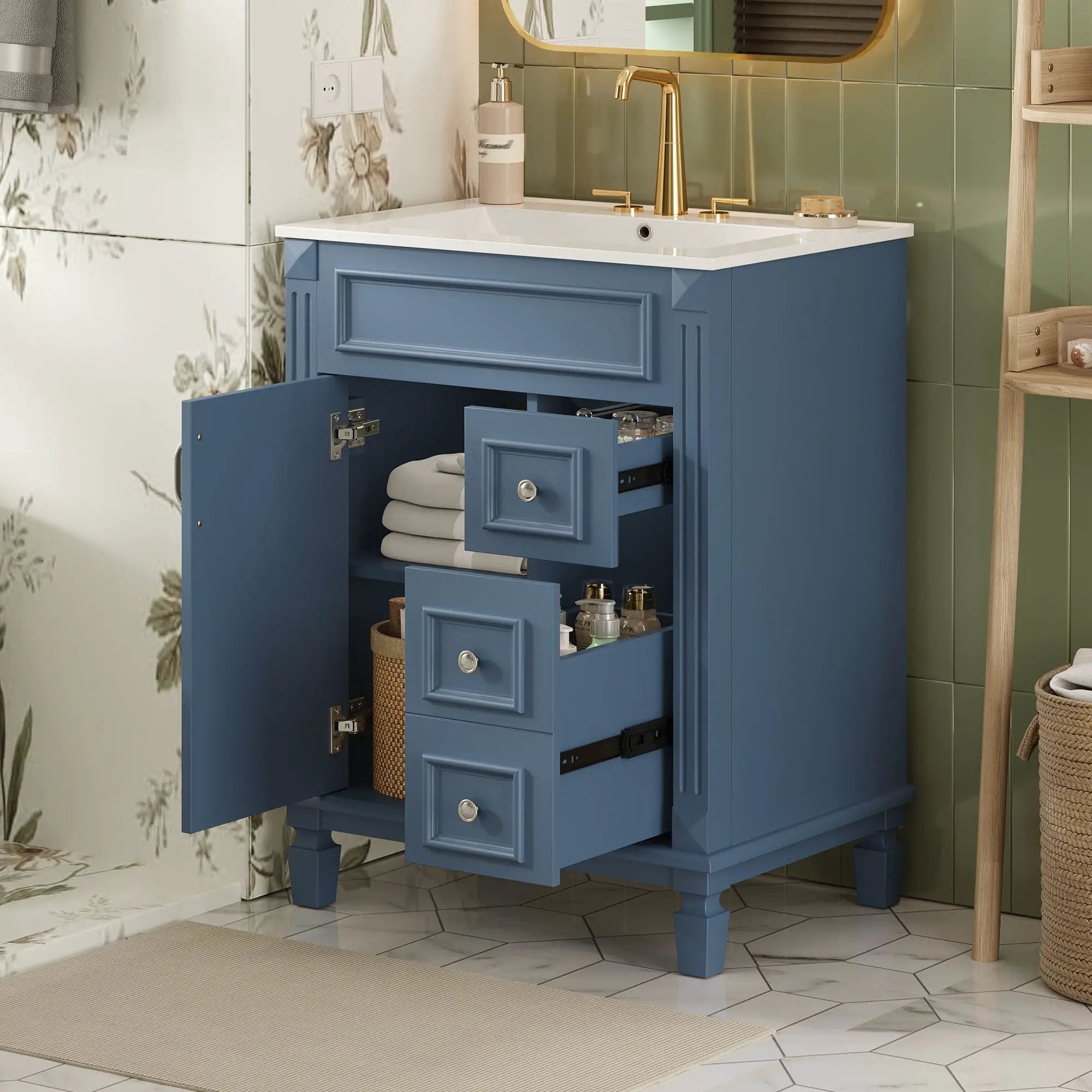 Bathroom Vanity With Ceramic Sink, Compact Cabinet With 2 Drawers And Adjustable Shelf - Blue by HouseOfZazla